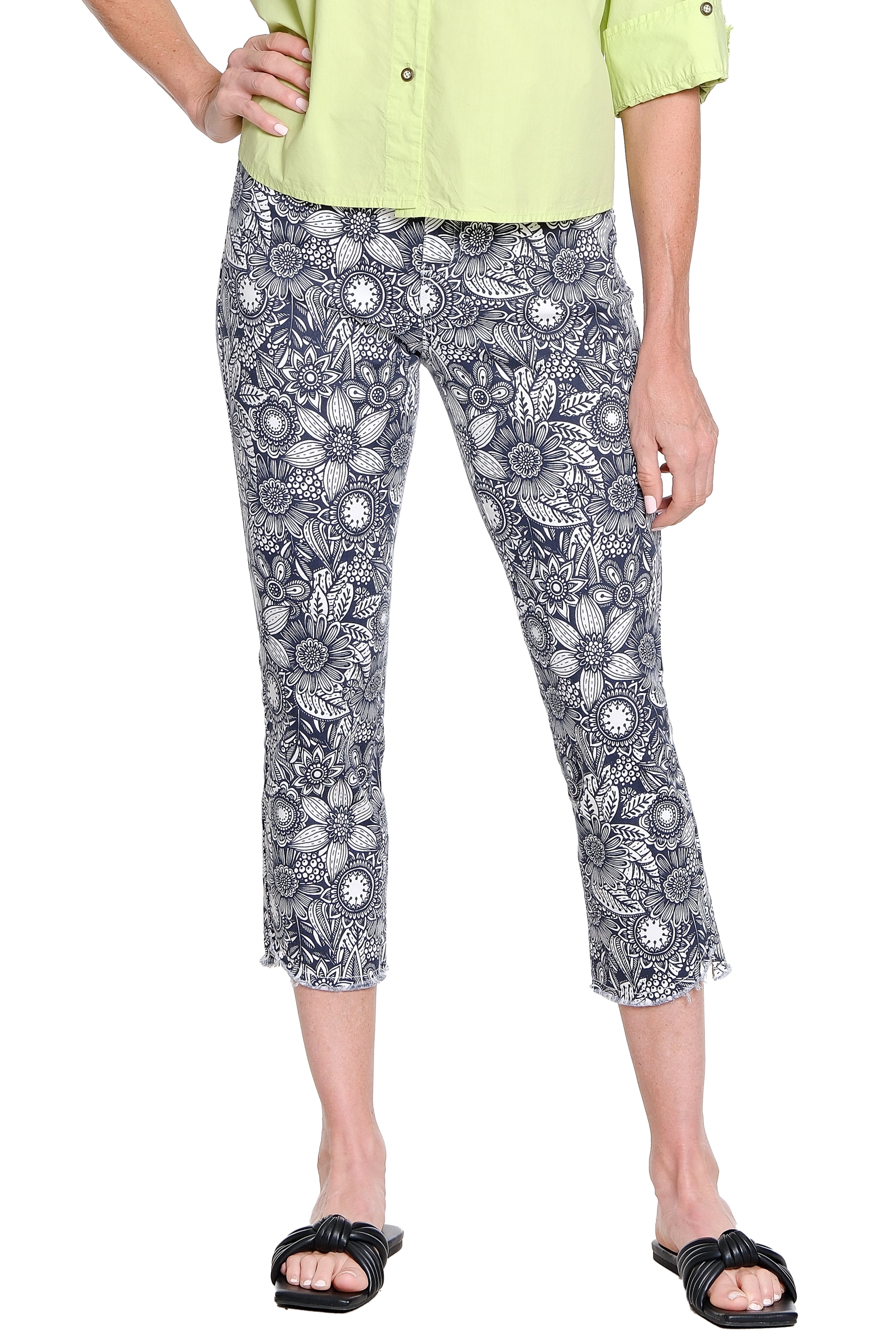 Asymmetrical Printed Crop Step Fray Hem Jean - Black Floral