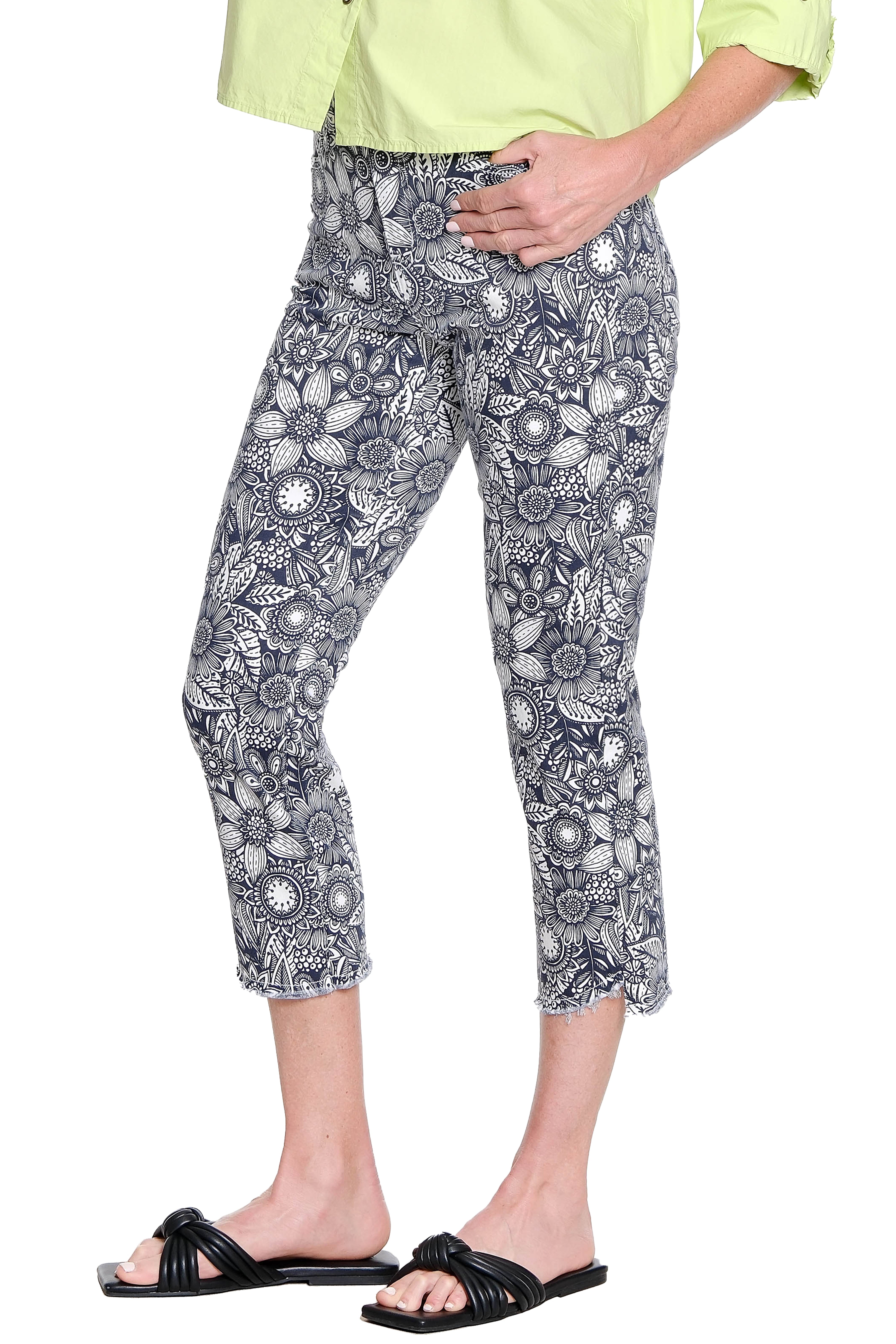 Asymmetrical Printed Crop Step Fray Hem Jean - Black Floral