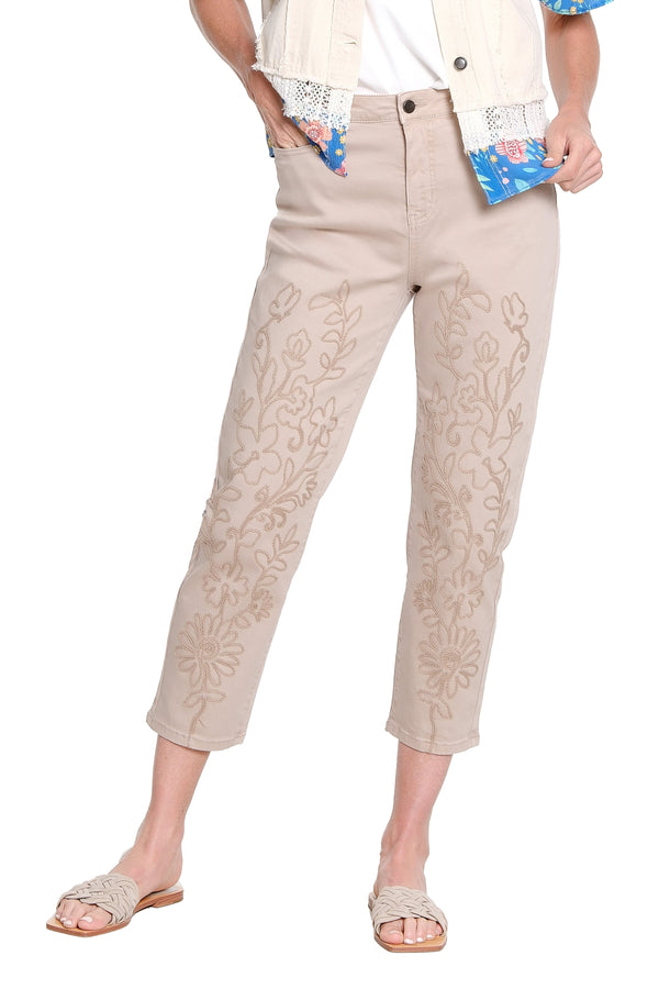 Soutache Embroidered Leg Jean - Sand