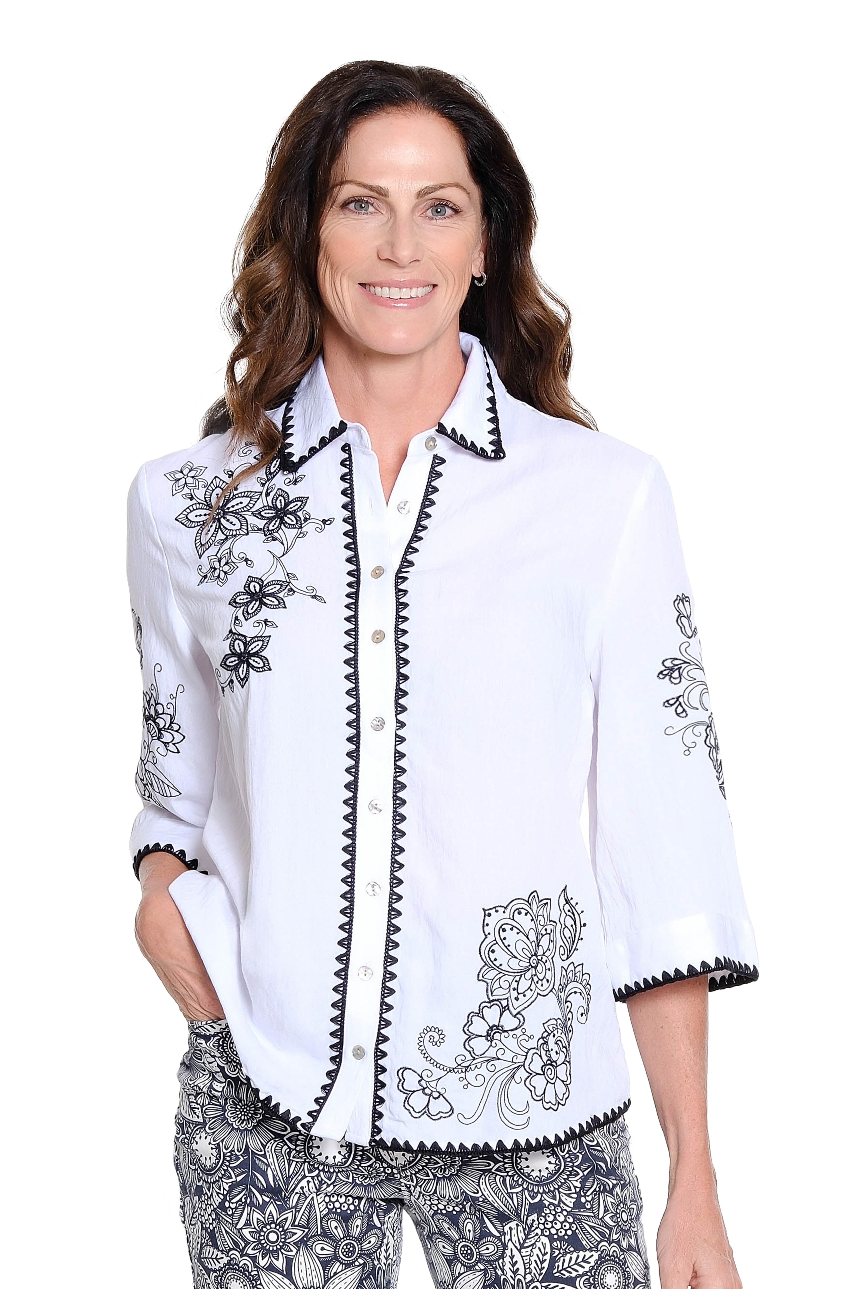 Crochet Stitch Button-Up Shirt with Embroidery – White