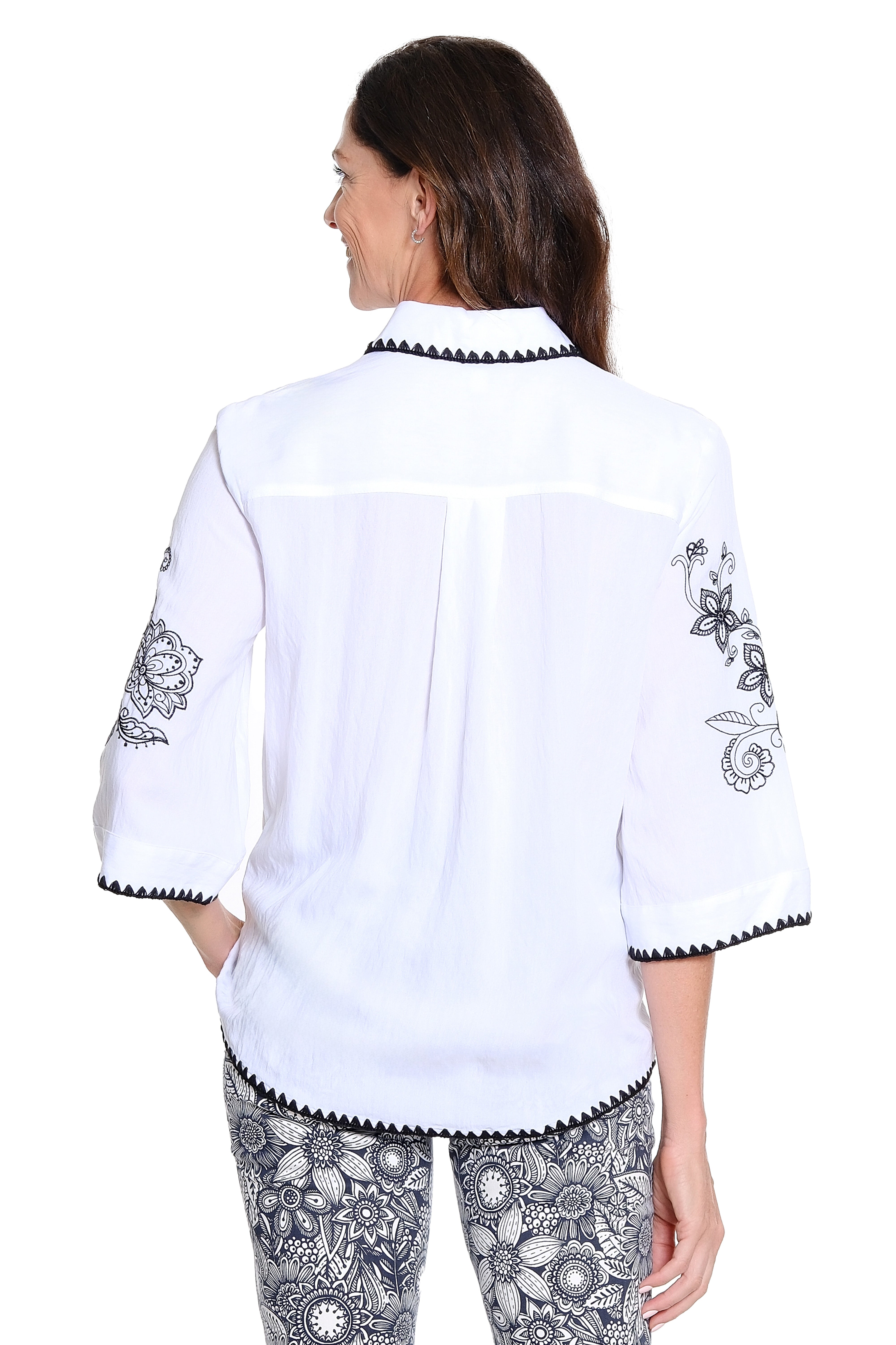 Crochet Stitch Button-Up Shirt with Embroidery – White