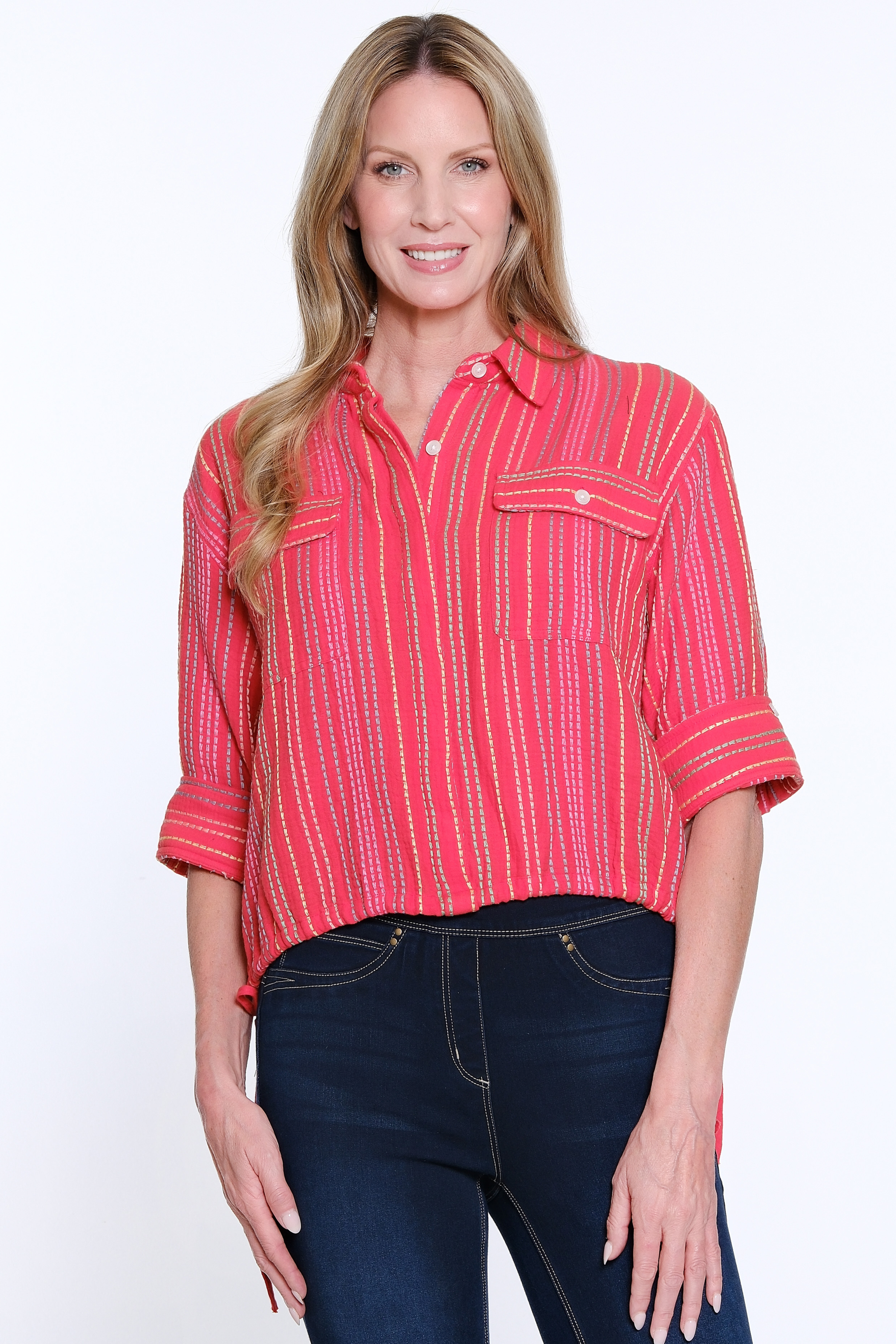 Striped Drawstring Waist Button-Up Shirt - Red