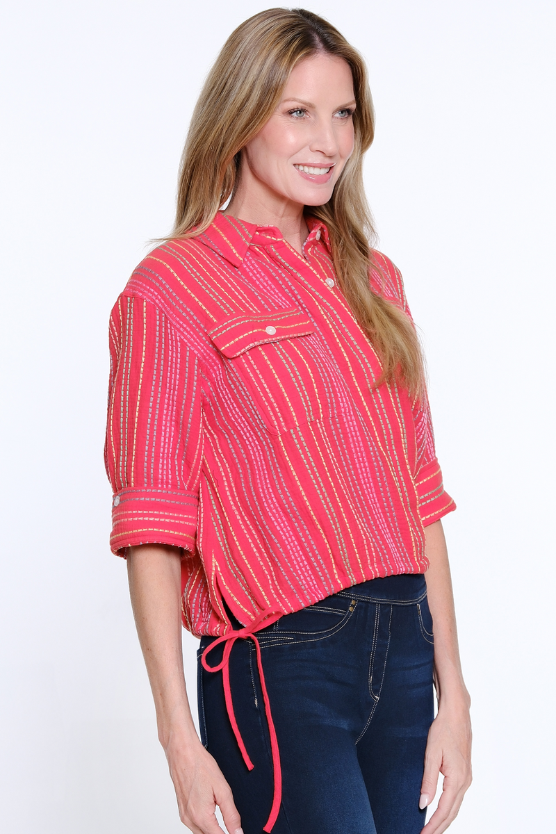 Striped Drawstring Waist Button-Up Shirt - Red