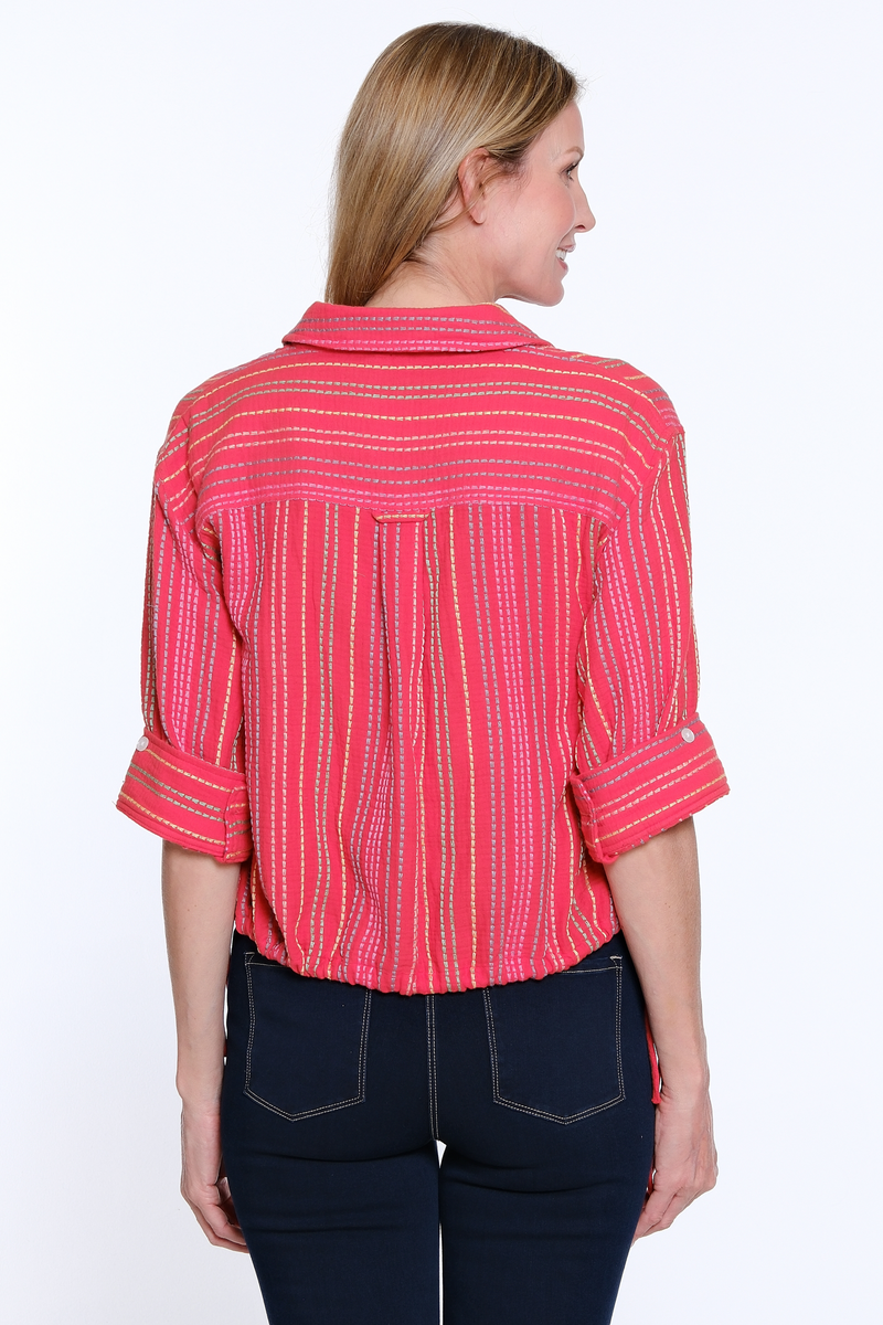 Striped Drawstring Waist Button-Up Shirt - Red