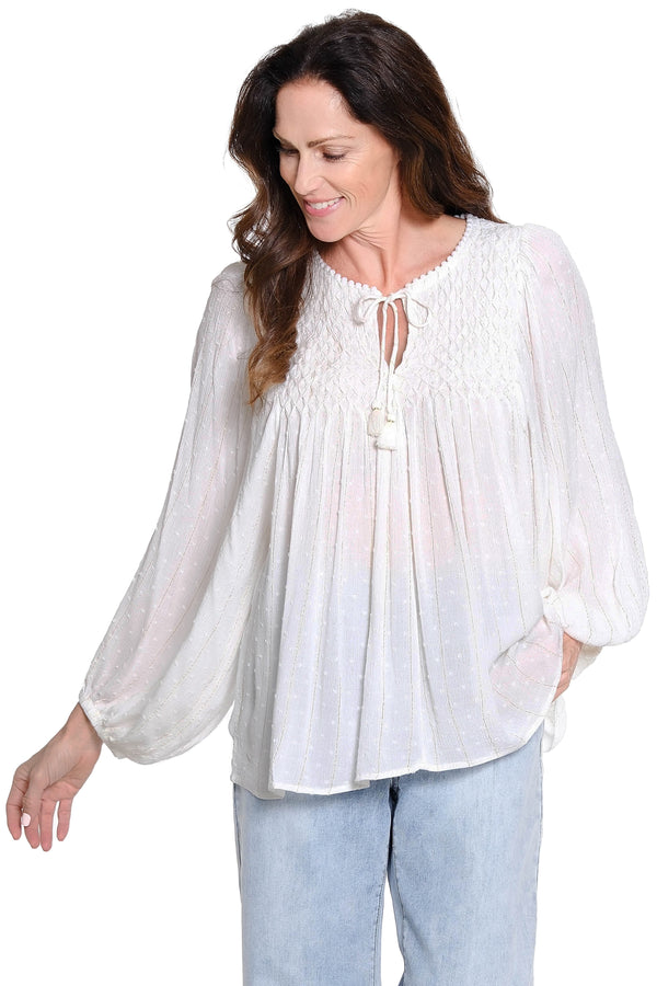 Smocked Front Tie Neck Top - Soft White