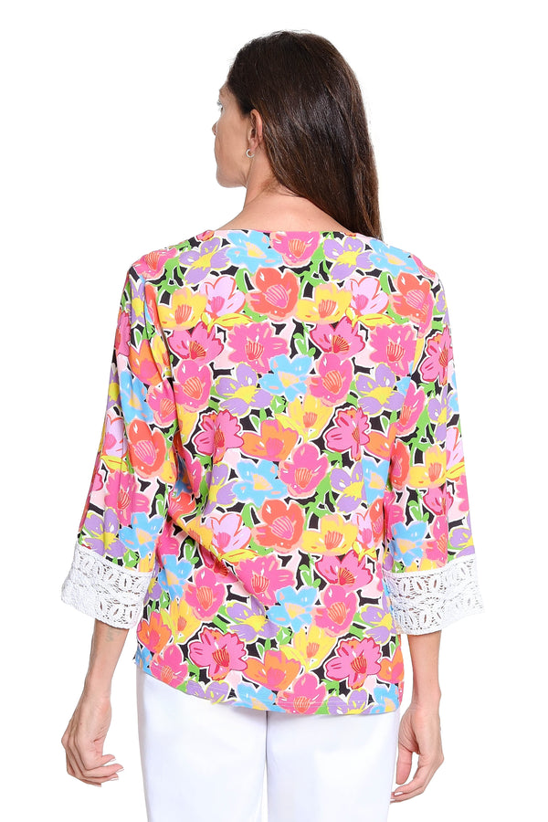Notched Neck Top with Crochet Cuffs - Multi