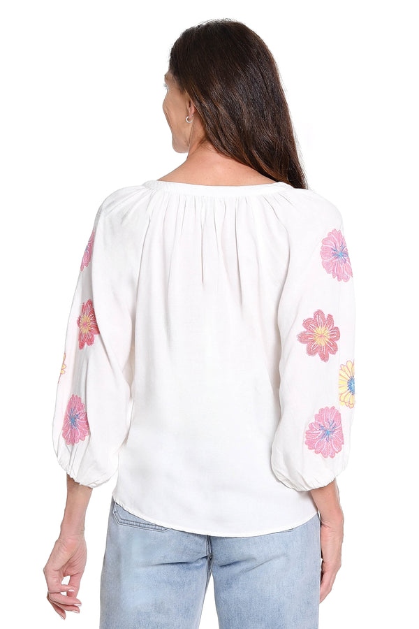 Embroidered Sleeve Split Neck Top - White