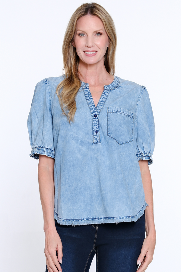 Short Sleeve Snow Washed Henley - Medium Indigo