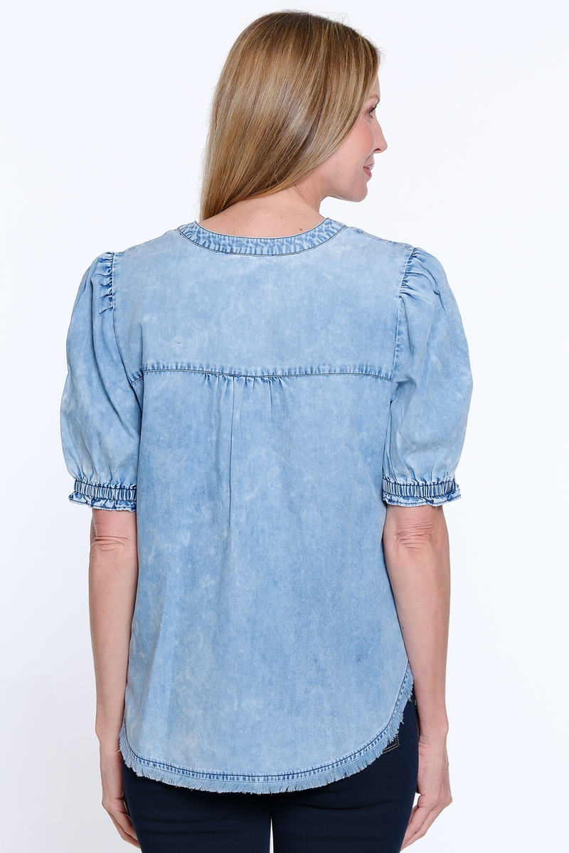 Short Sleeve Snow Washed Henley - Medium Indigo