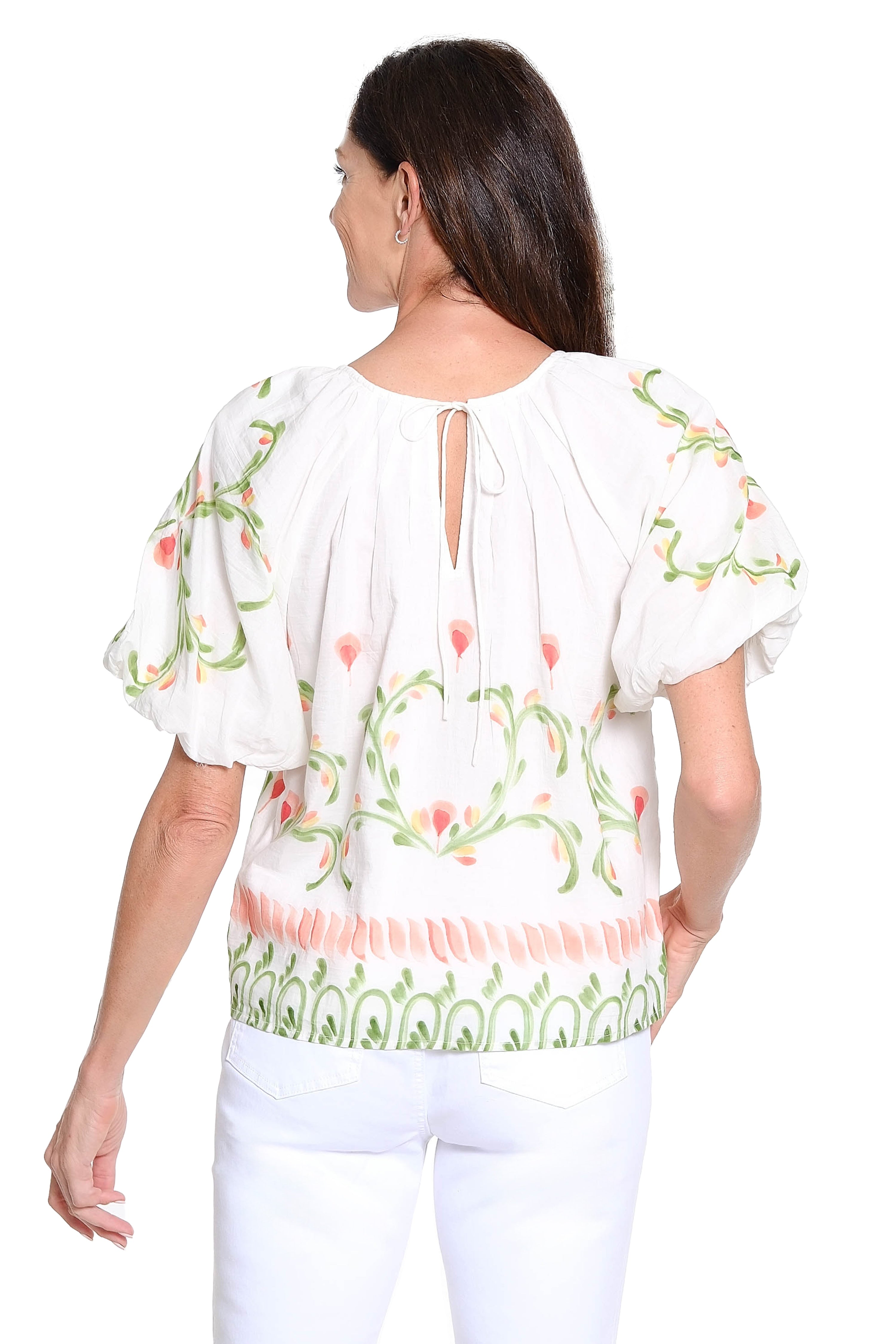 Floral Printed Popover Top - White