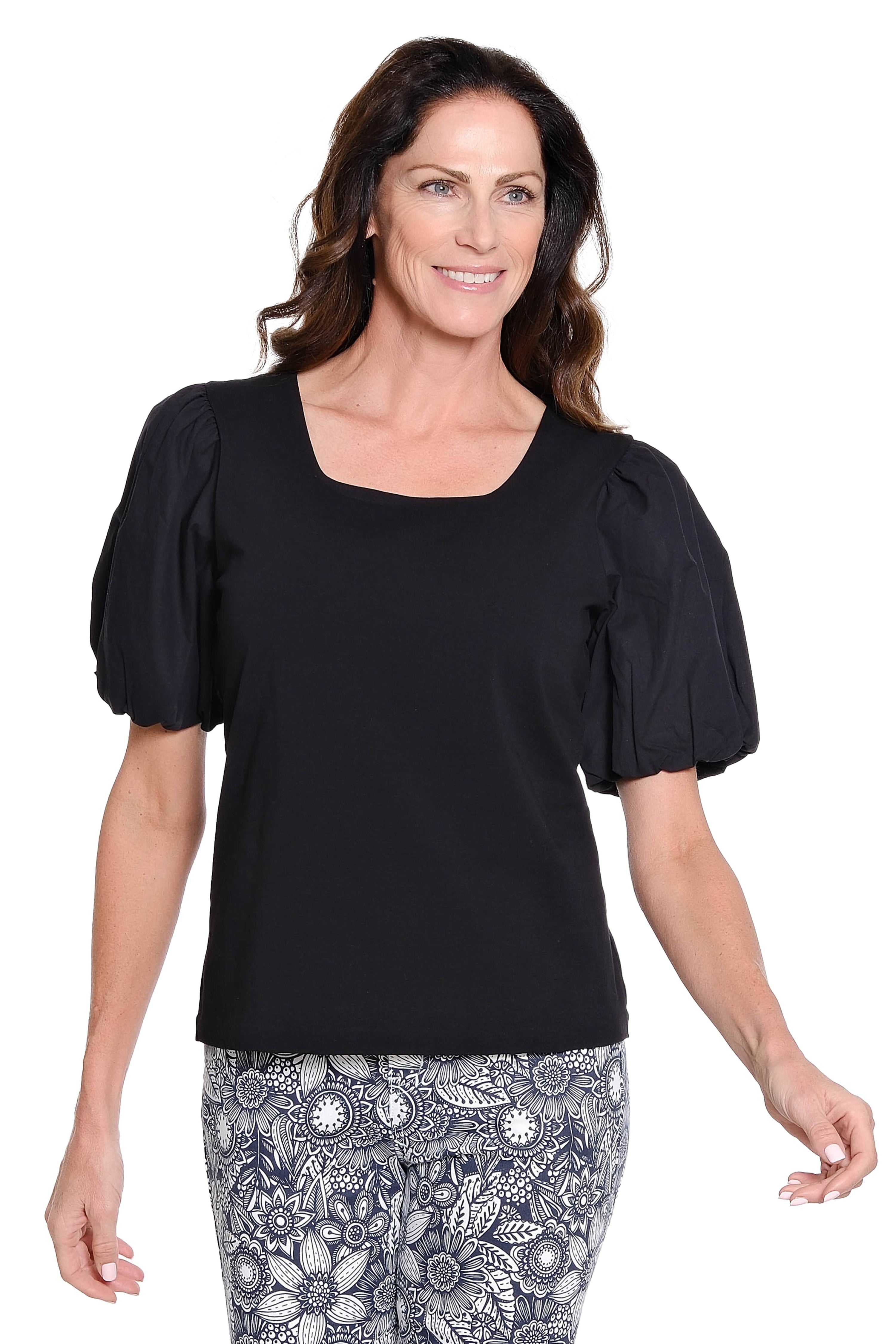 Square Neck Knit Top with Puff Sleeves - Black
