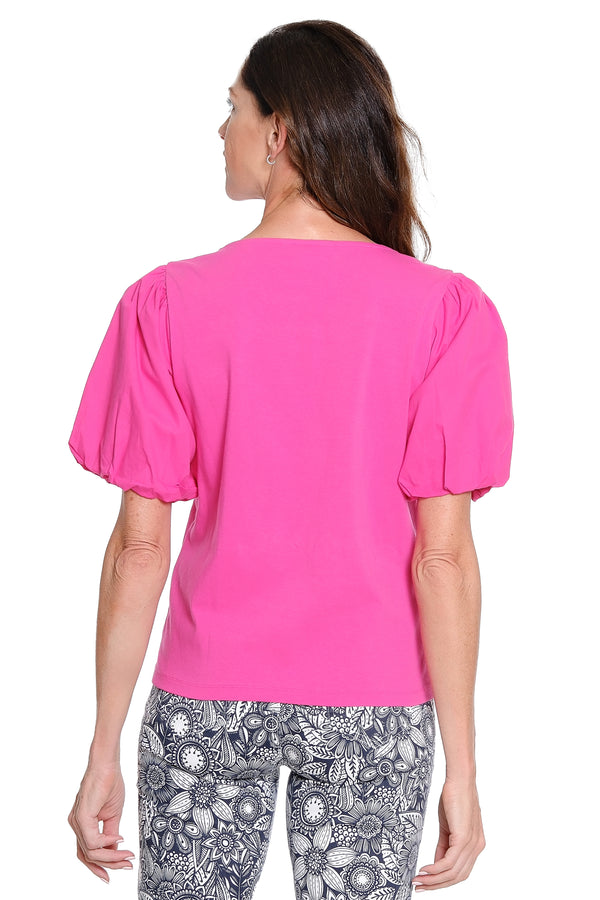 Square Neck Knit Top with Puff Sleeves - Fuchsia