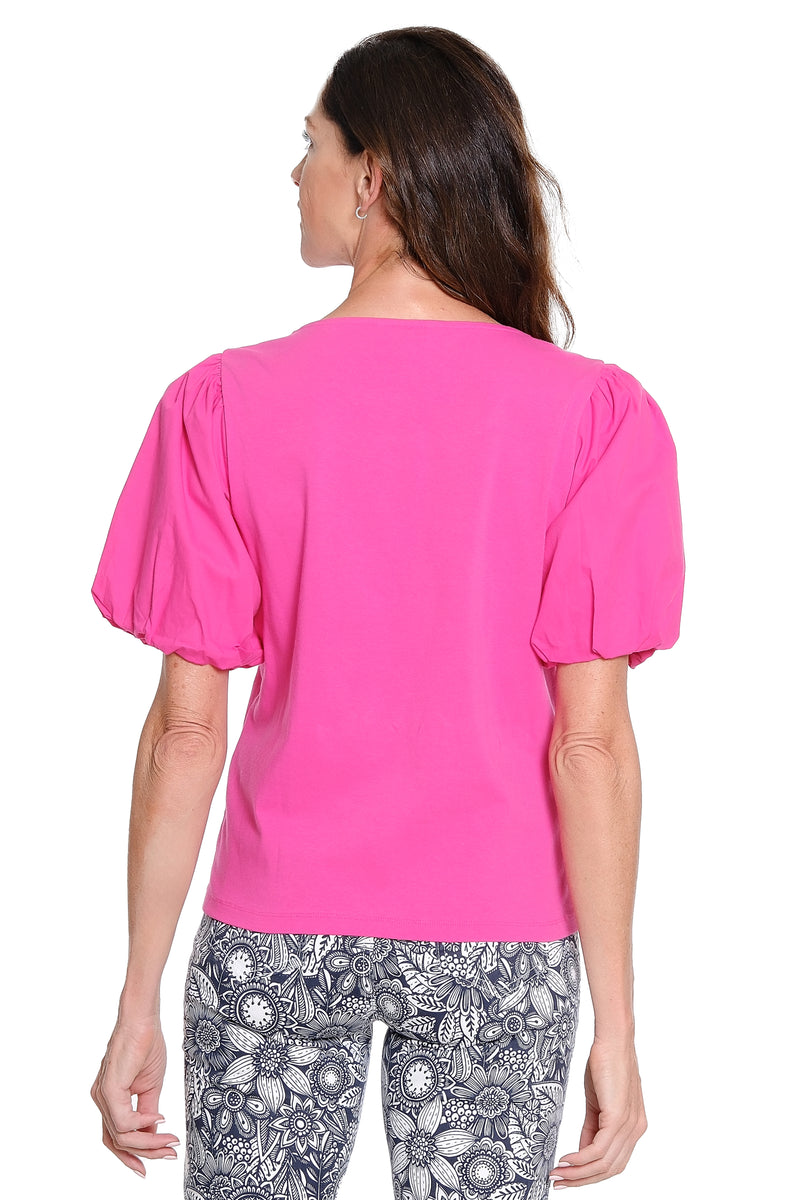 Square Neck Knit Top with Puff Sleeves - Fuchsia