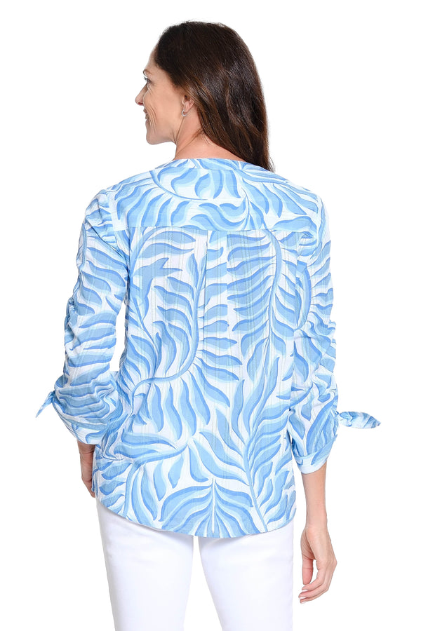 Ruched Tie Sleeve Button-Up Top - Blue