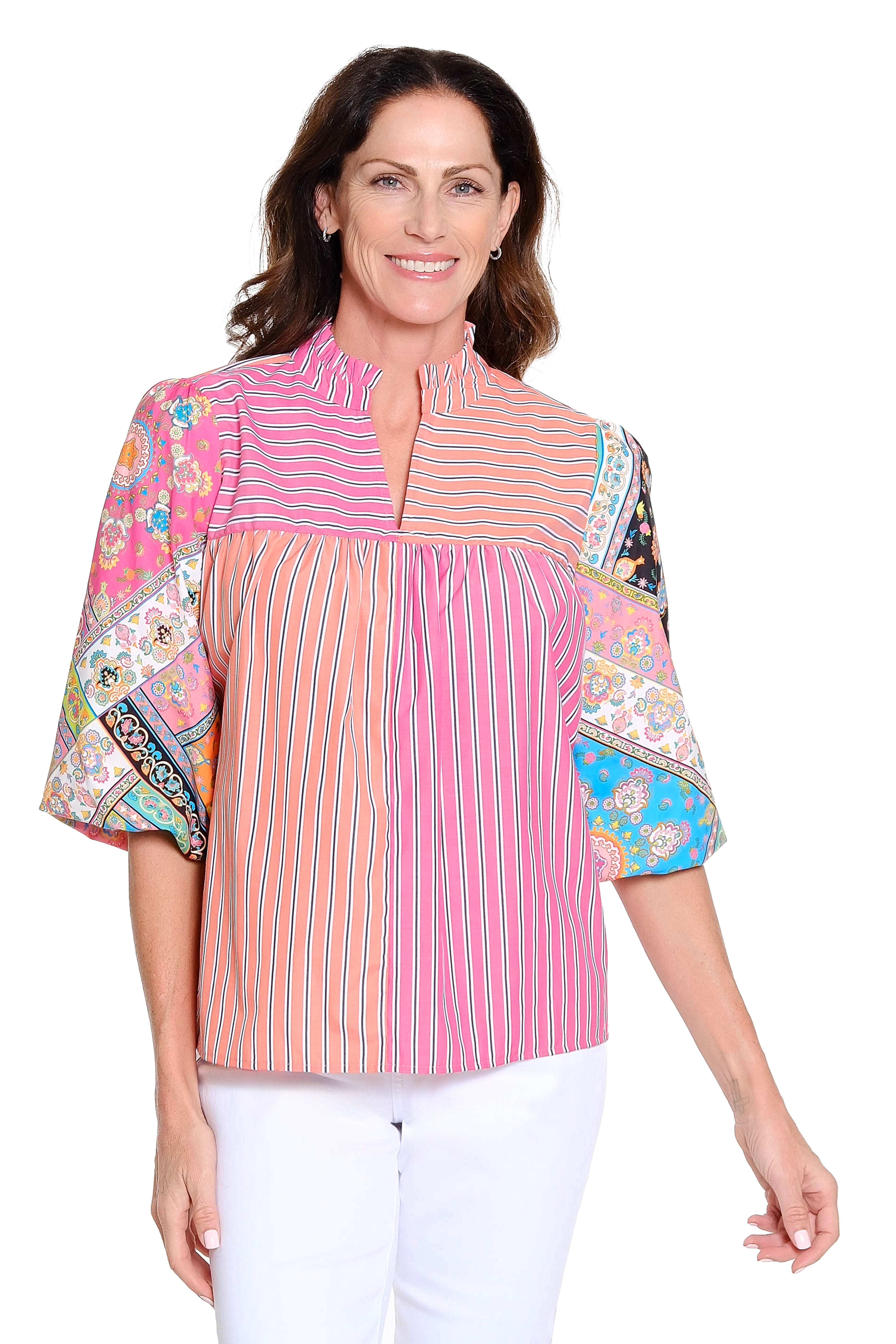 Mixed Print and Stripe Popover Top – Multi