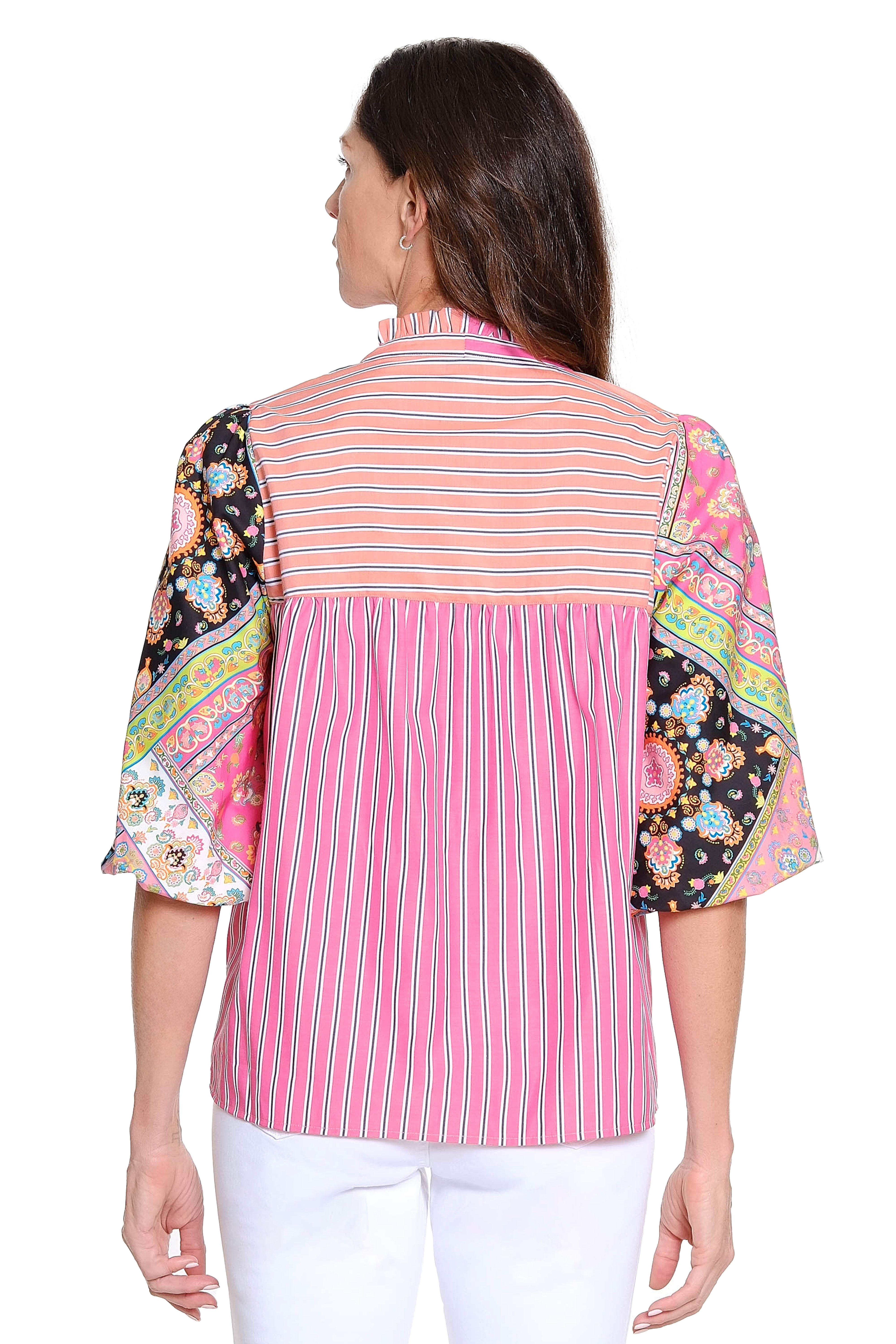Mixed Print and Stripe Popover Top – Multi