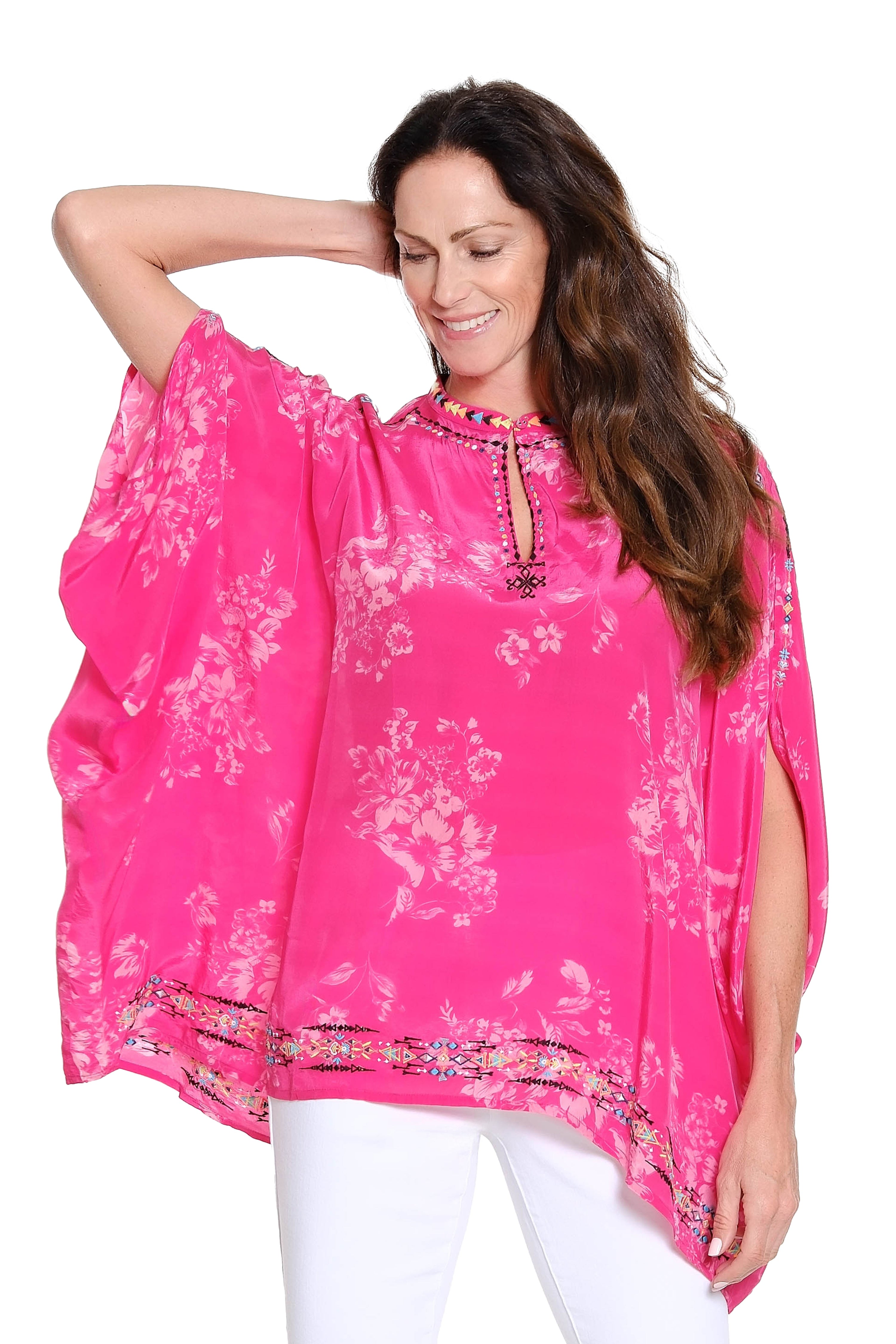 Printed Poncho with Embroidery – Bright Pink