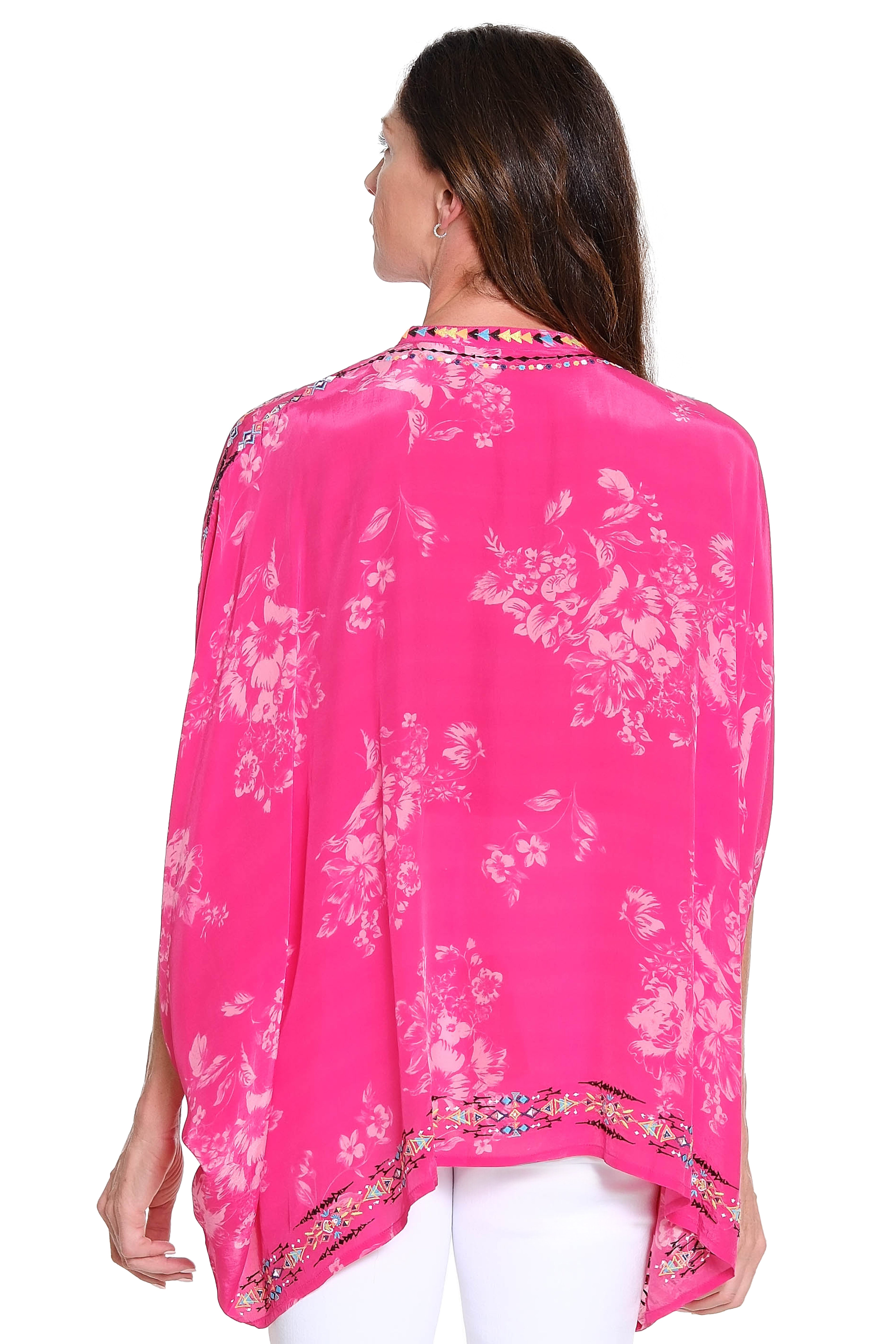 Printed Poncho with Embroidery – Bright Pink
