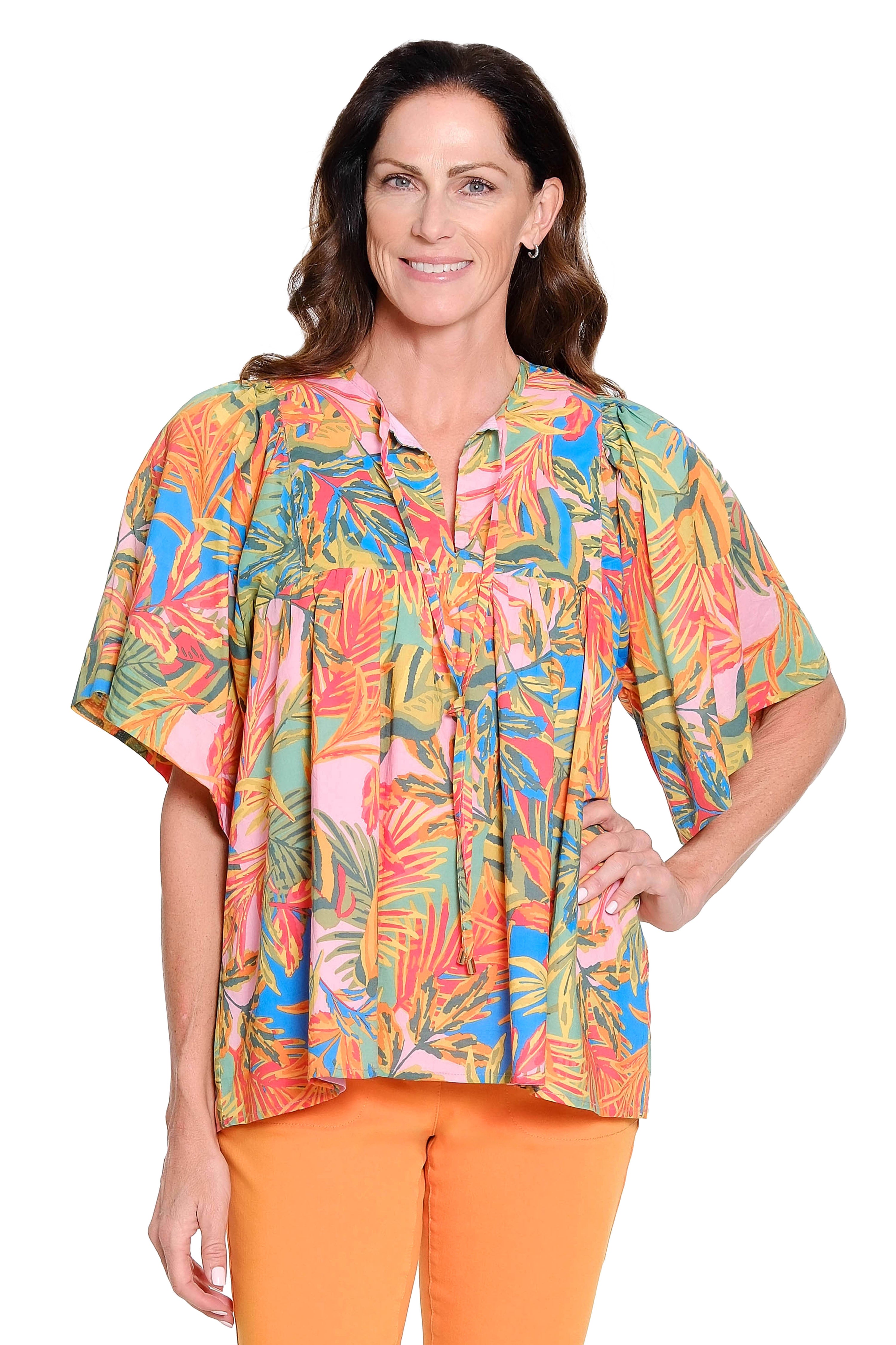 Print Tie-Neck Shirred Top - Multi