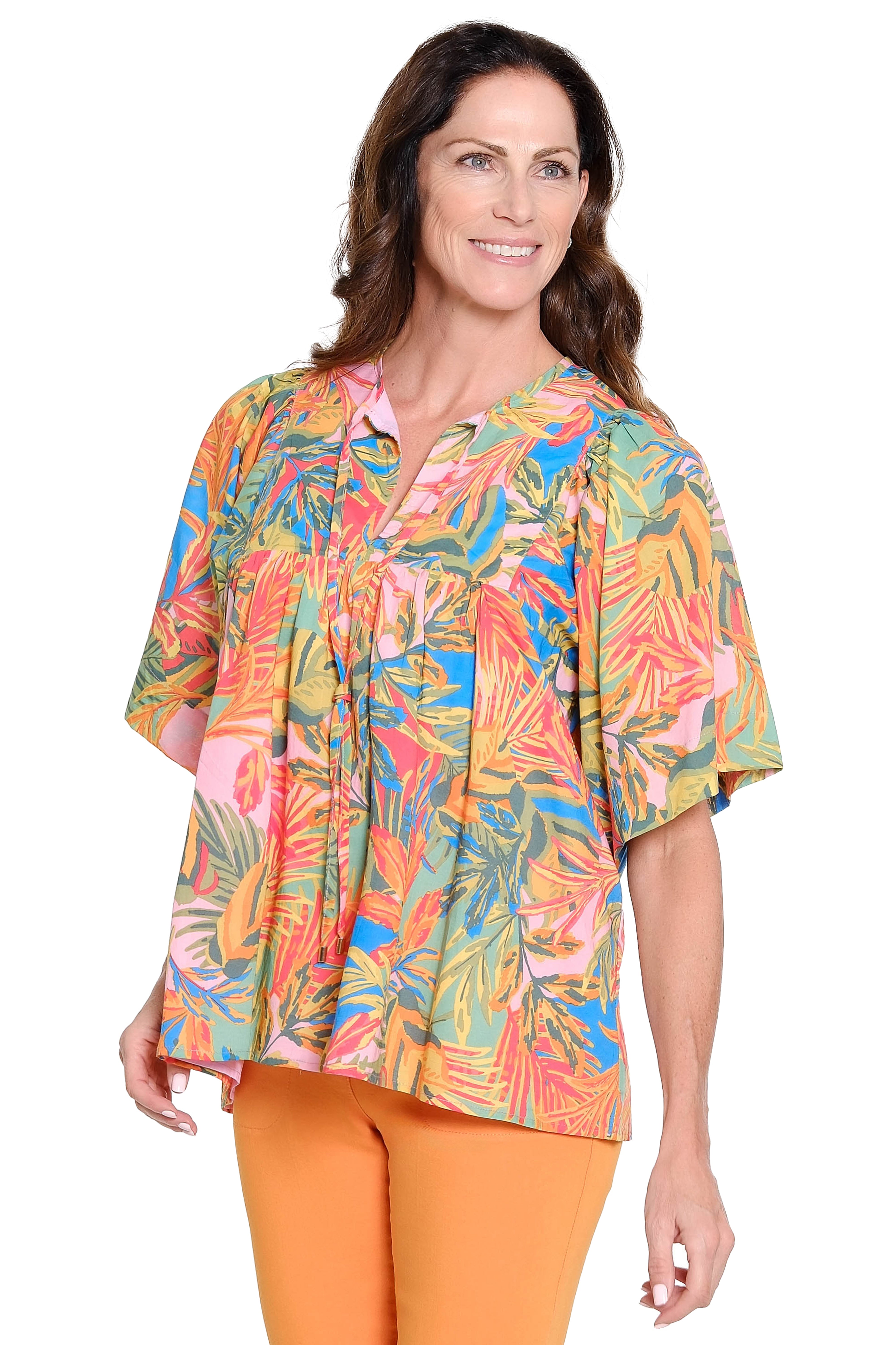 Print Tie-Neck Shirred Top - Multi