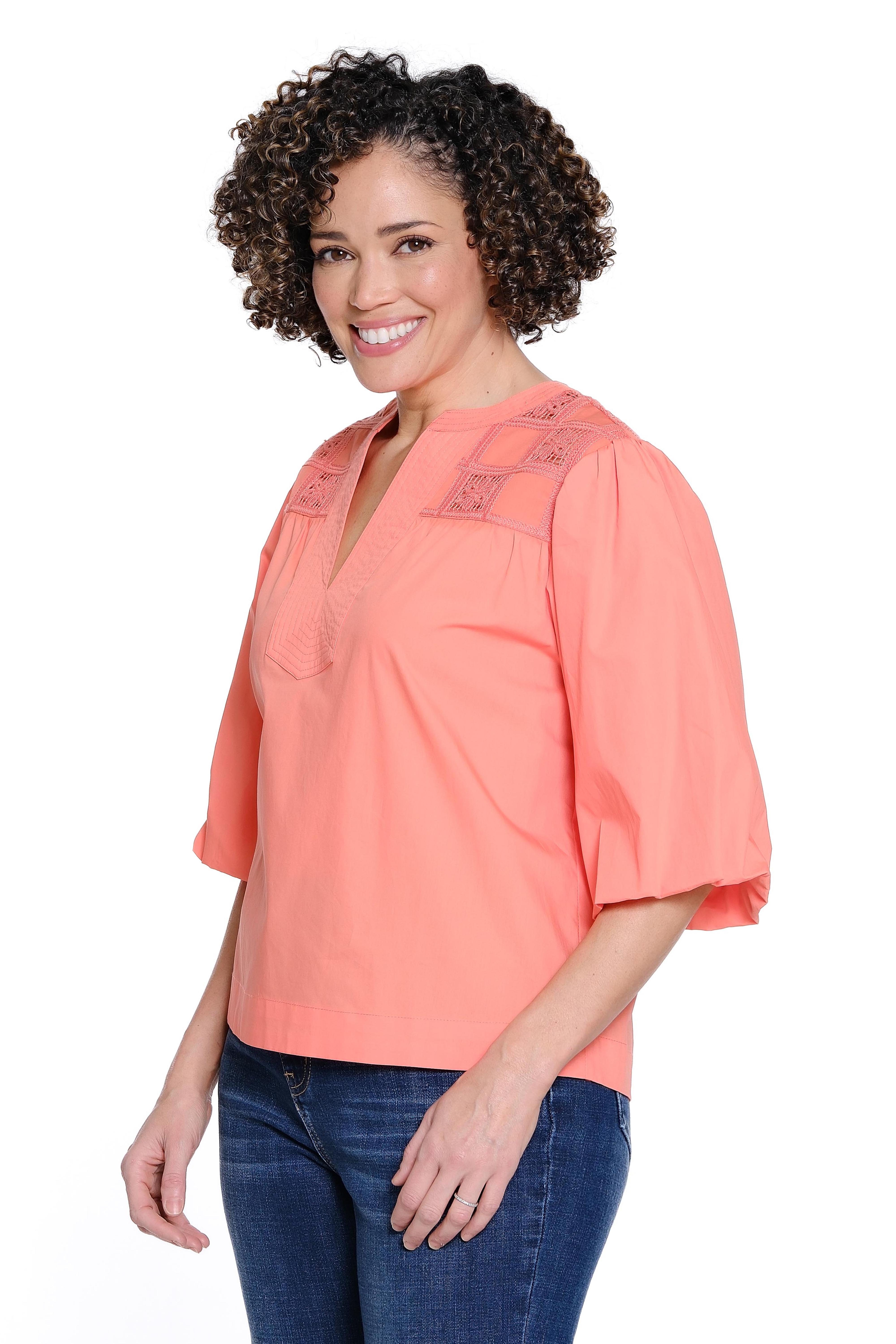 Puff Sleeve Crochet Popover Top - Coral