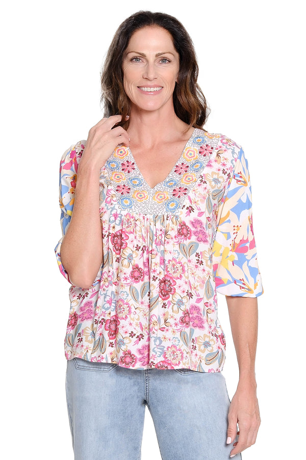 Mixed Floral Print Popover Blouse - Multi