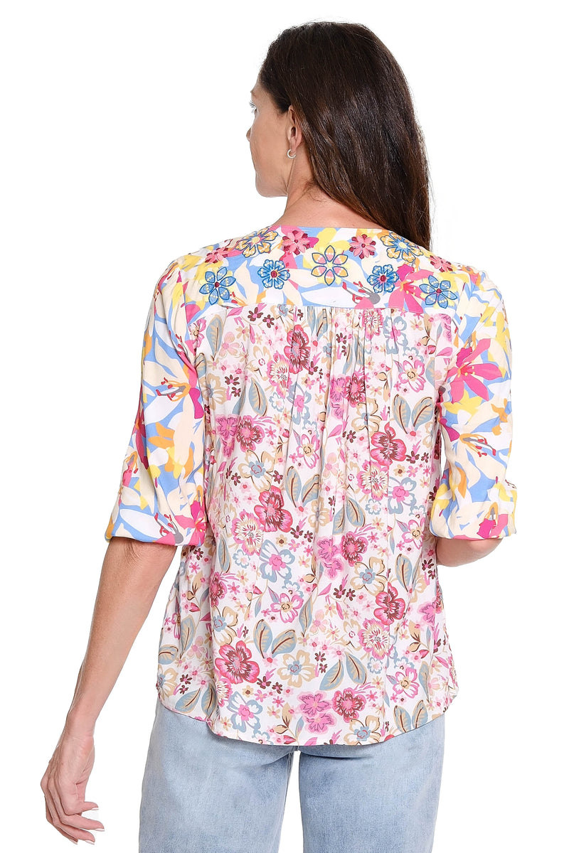 Mixed Floral Print Popover Blouse - Multi