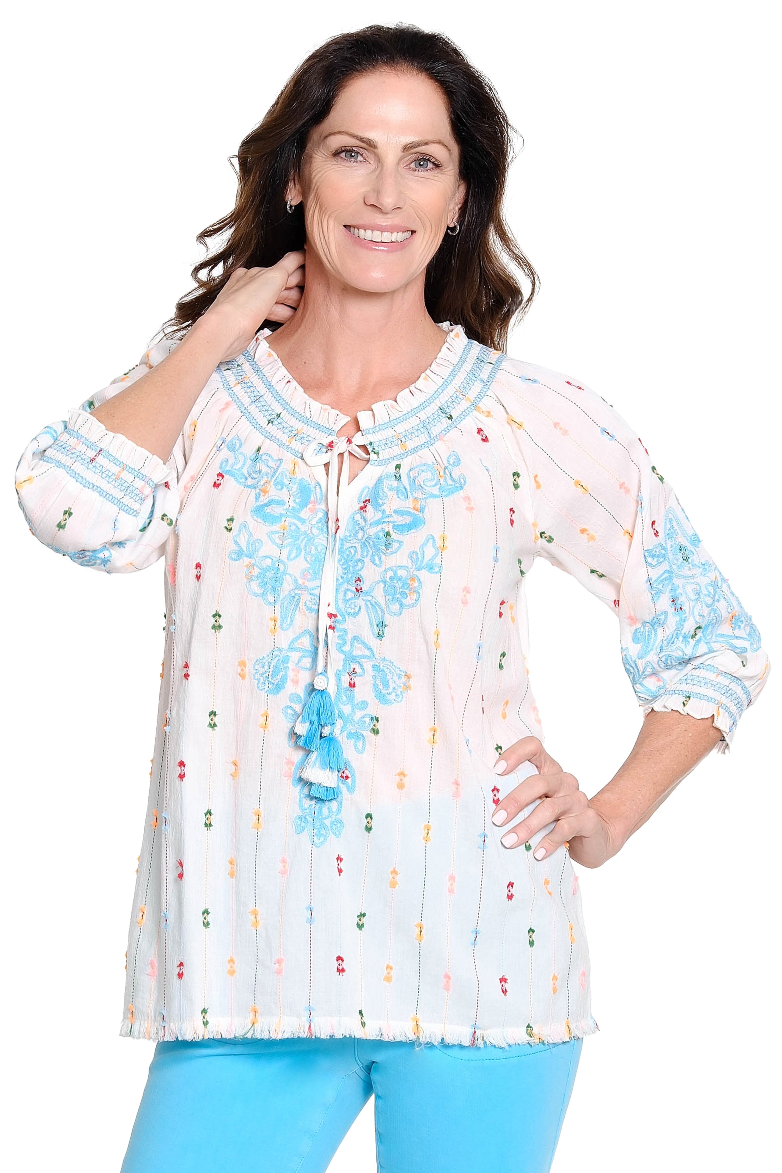 Embroidered Striped Peasant Top - Multi