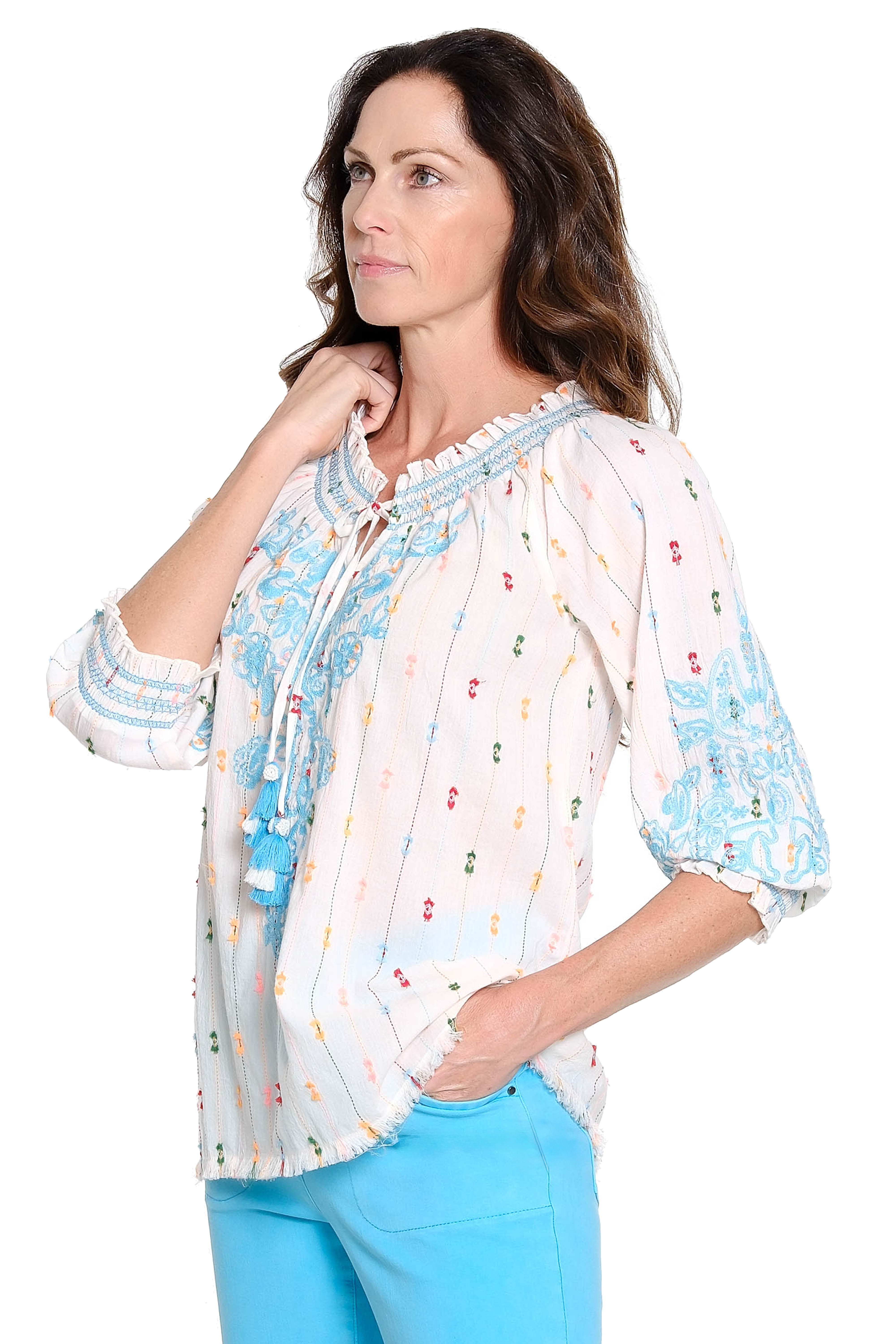 Embroidered Striped Peasant Top - Multi