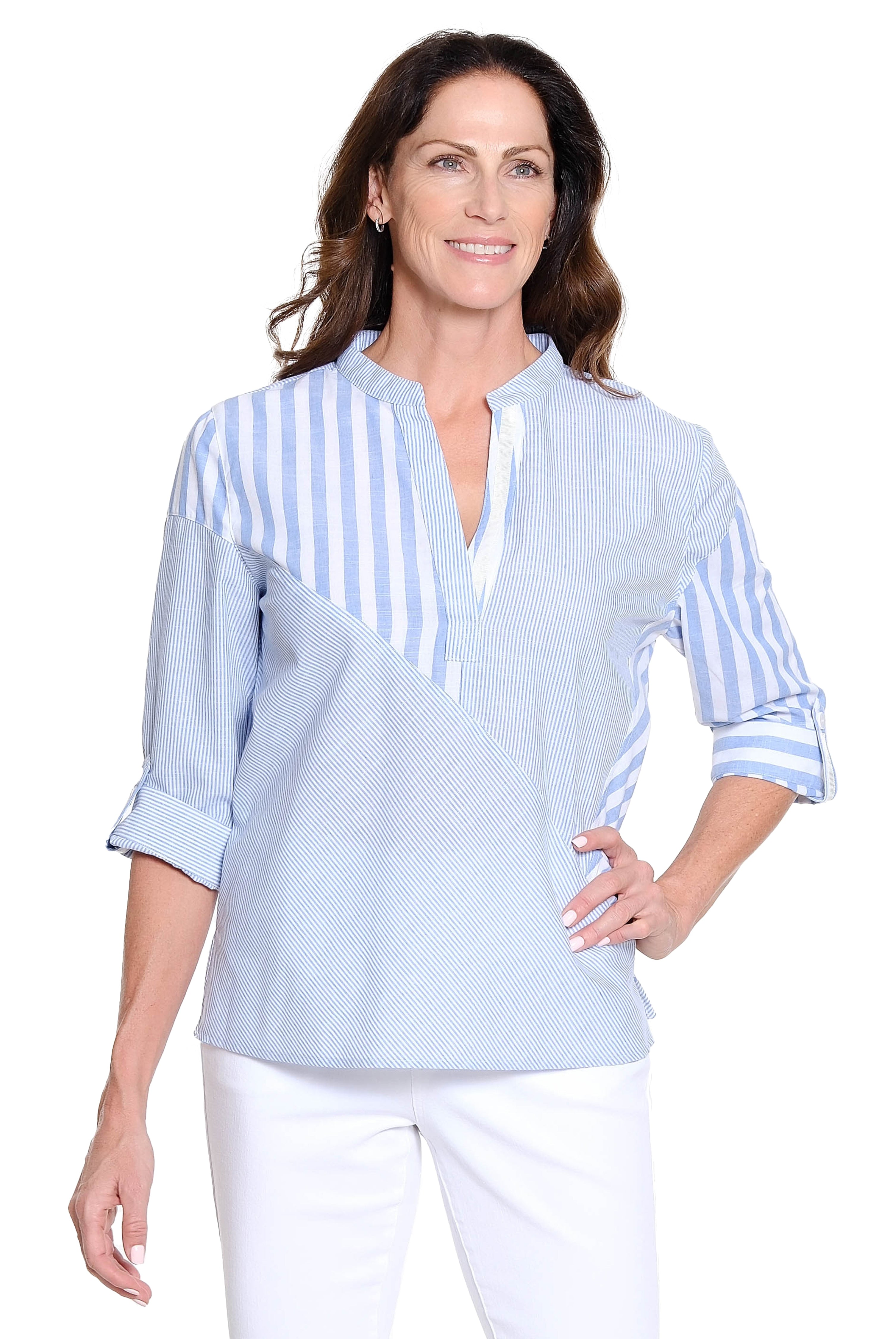 Mixed Stripe Popover Top - Blue Stripe