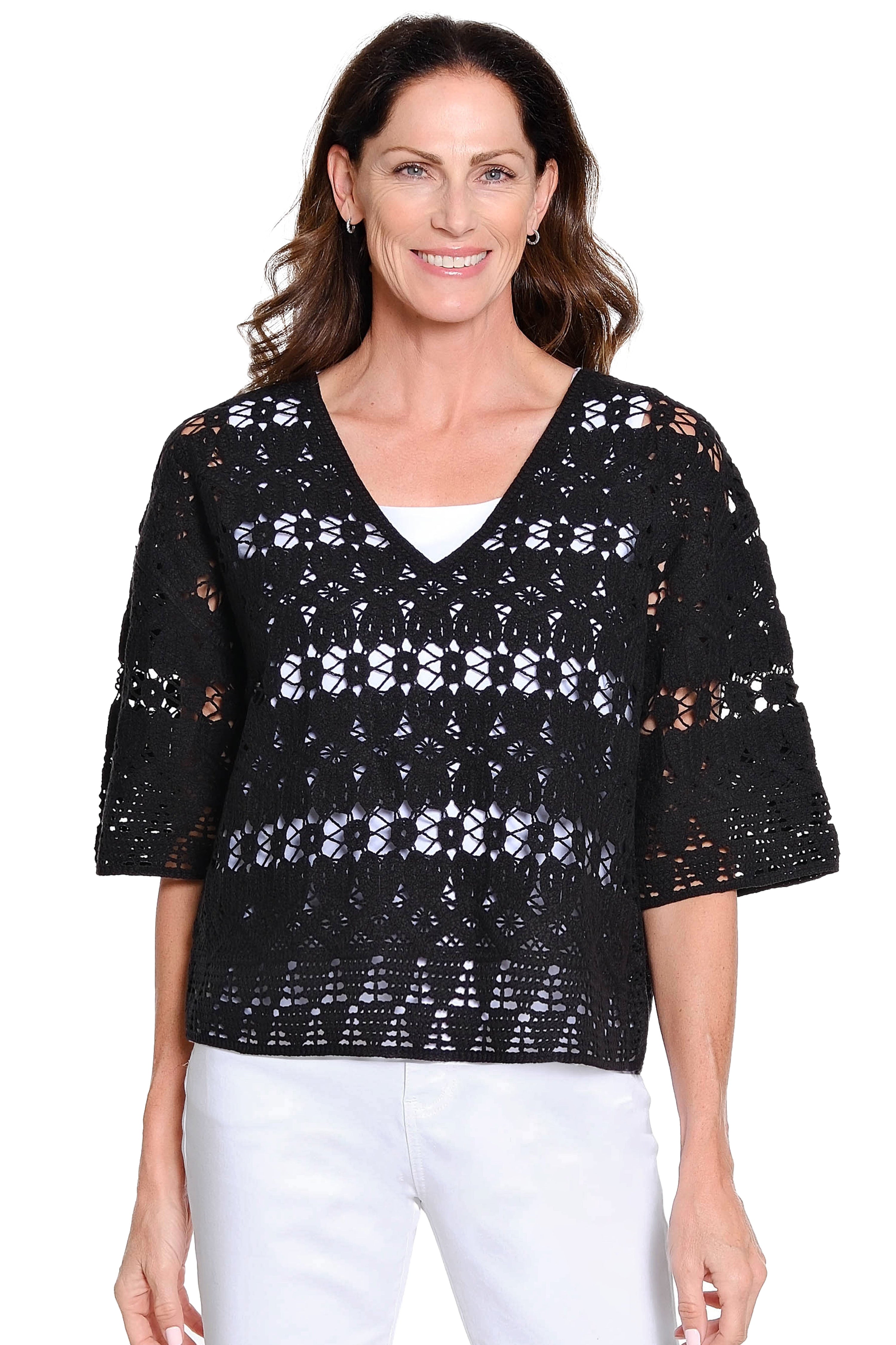 Machine Crochet Popover Top – Black