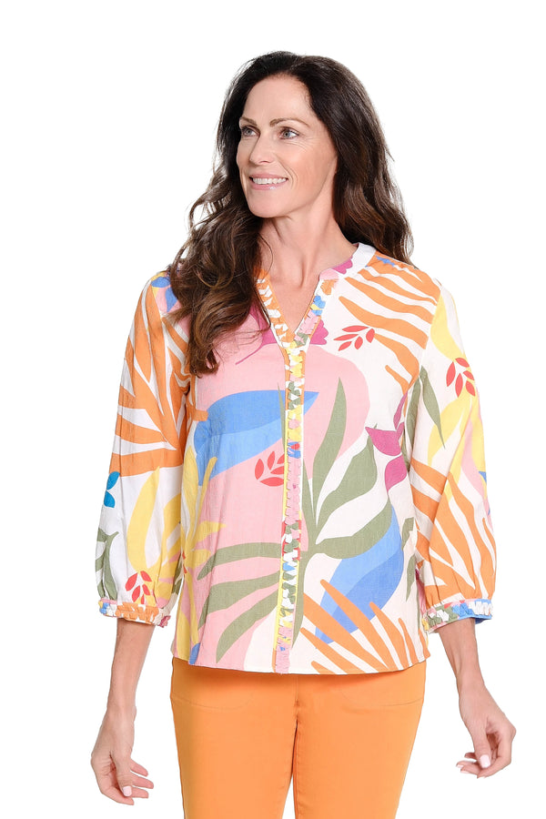 Printed Popover Top with Braid Trim - Multi