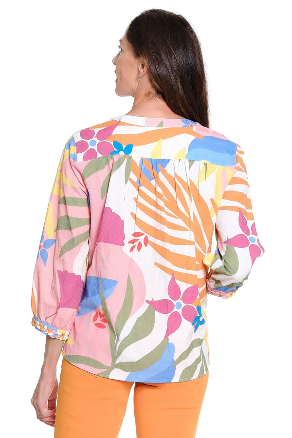 Printed Popover Top with Braid Trim - Multi
