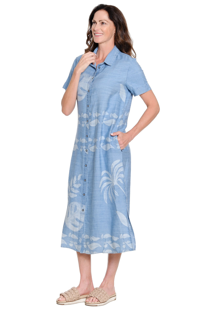 Button-Up Print Shirt Dress - Chambray