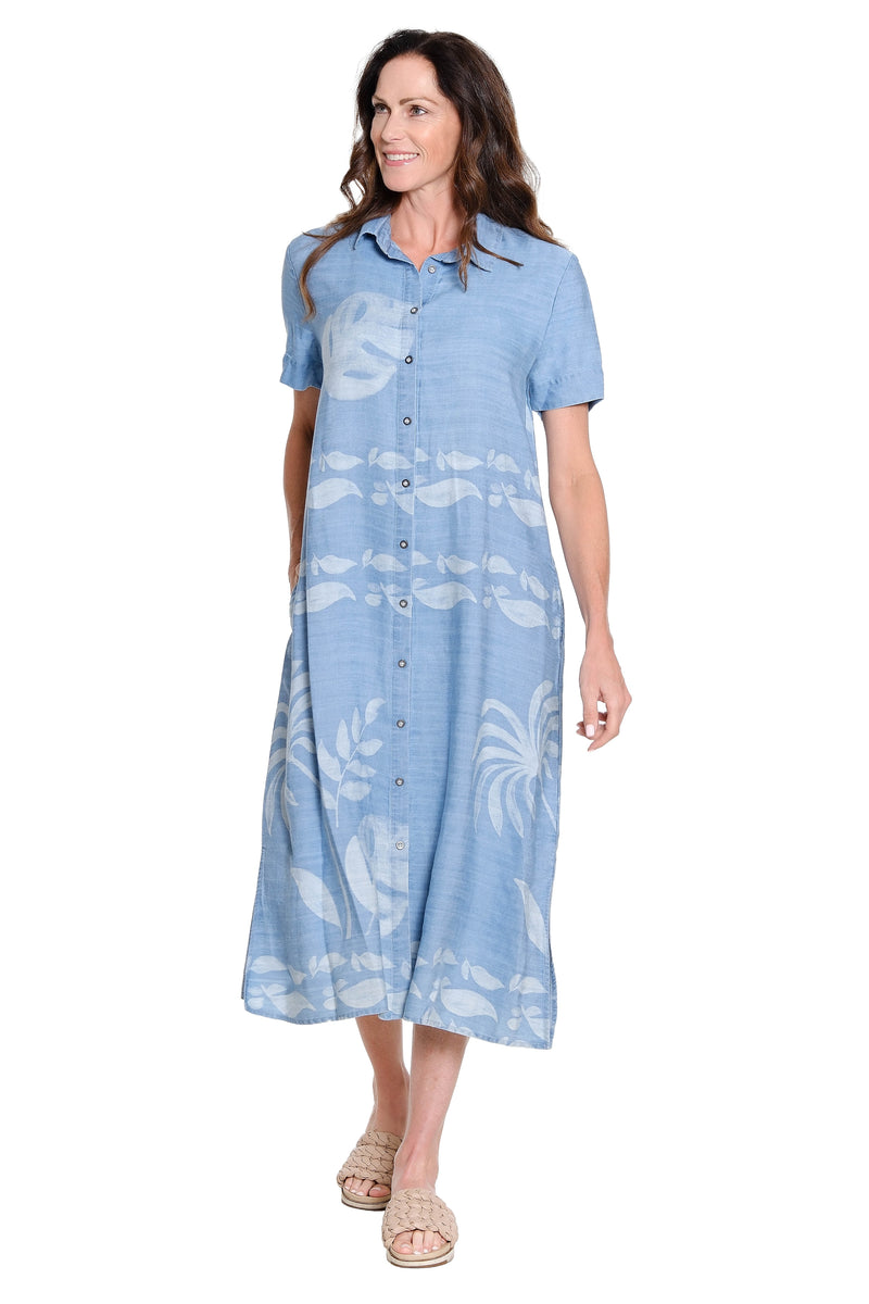 Button-Up Print Shirt Dress - Chambray