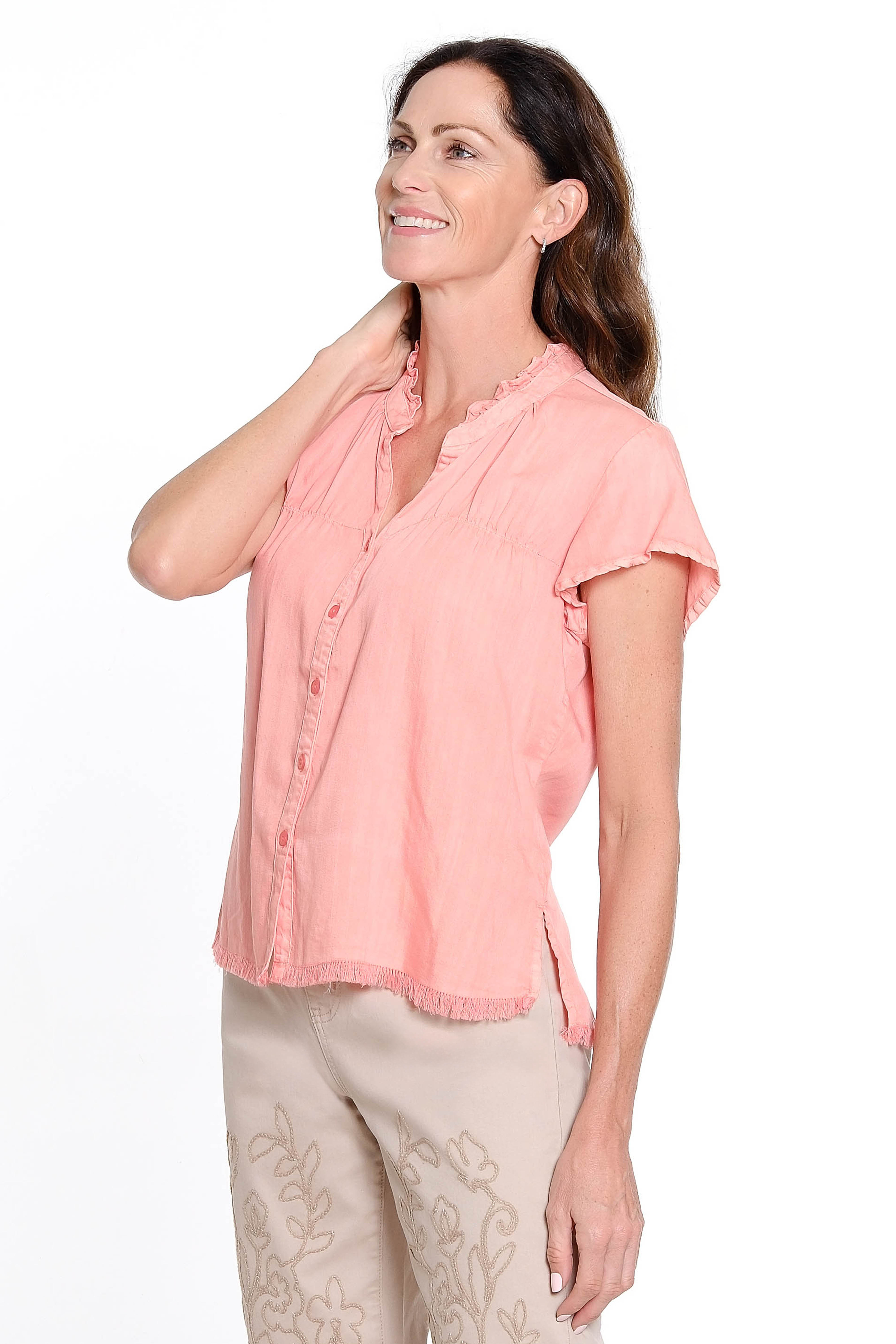 Split Neck Button Front Top - Coral