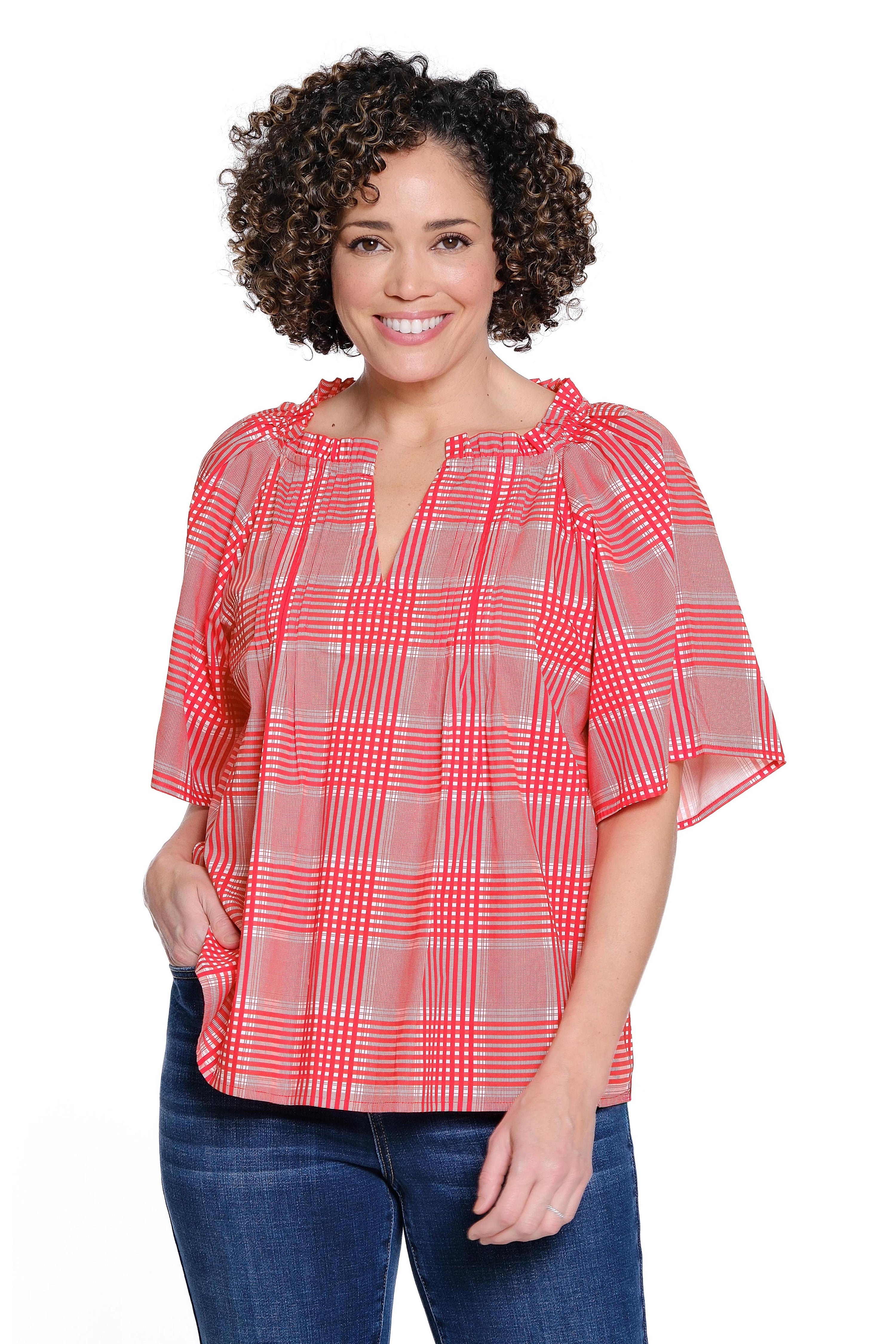 Pleated Front Popover Top - Red