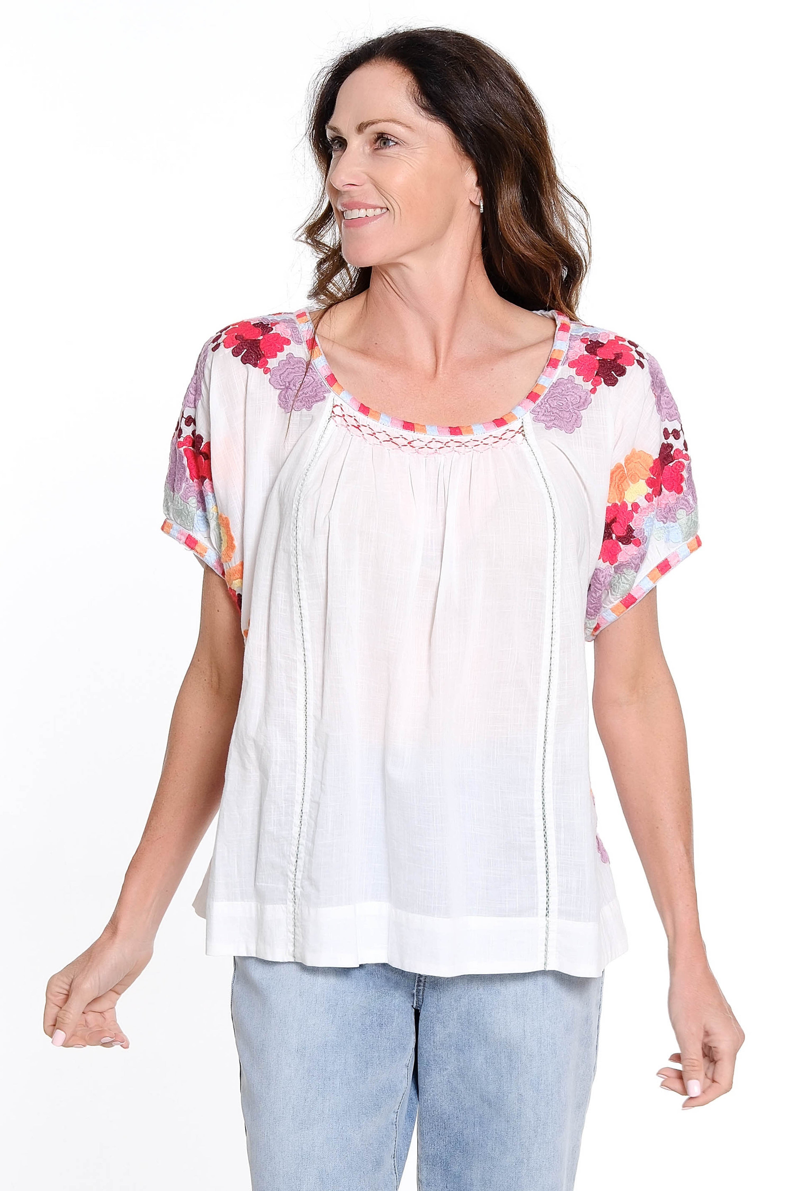 Embroidered Short Sleeve Blouse - White
