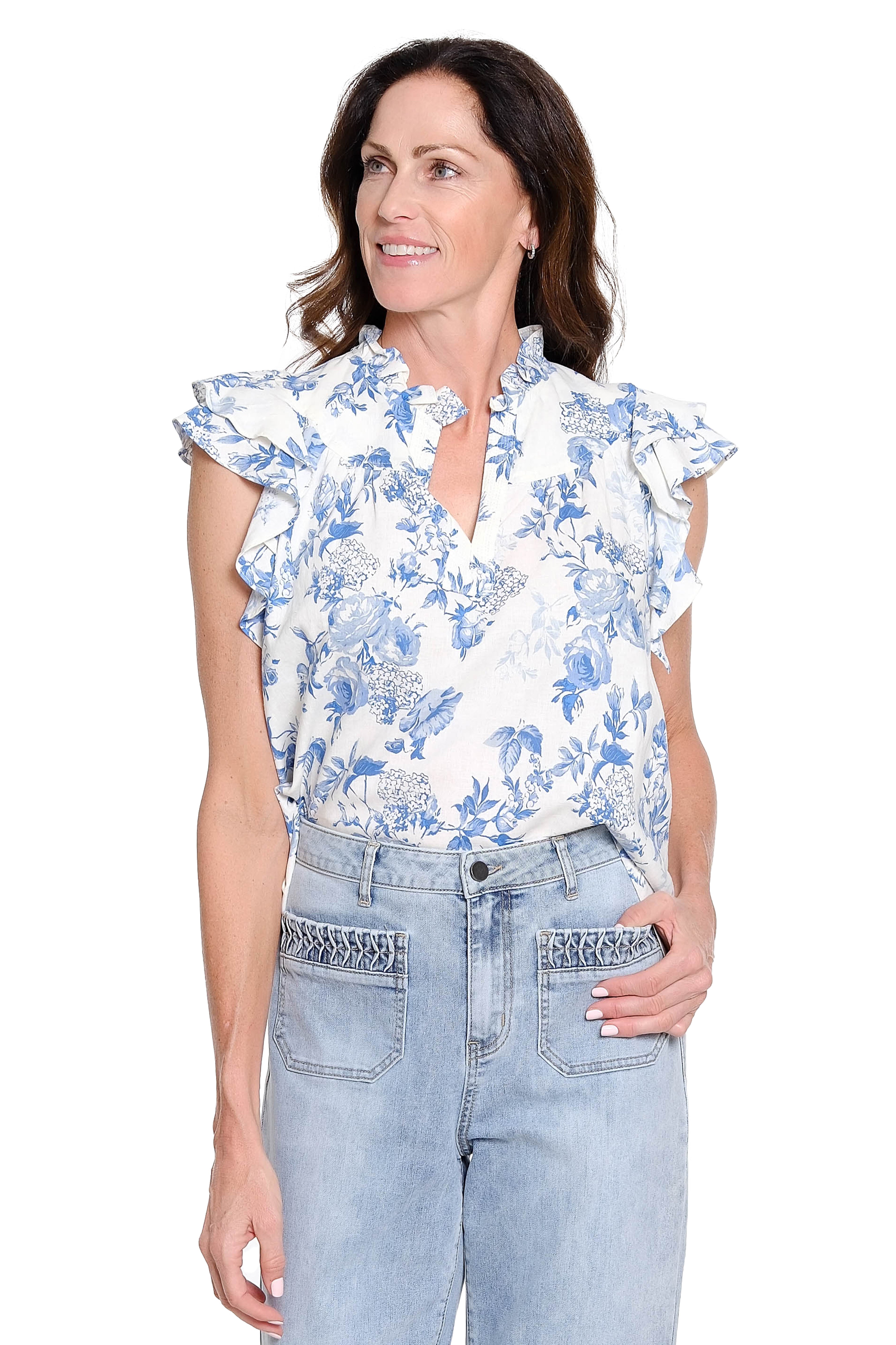 Flutter Sleeve Print Blouse - Blue