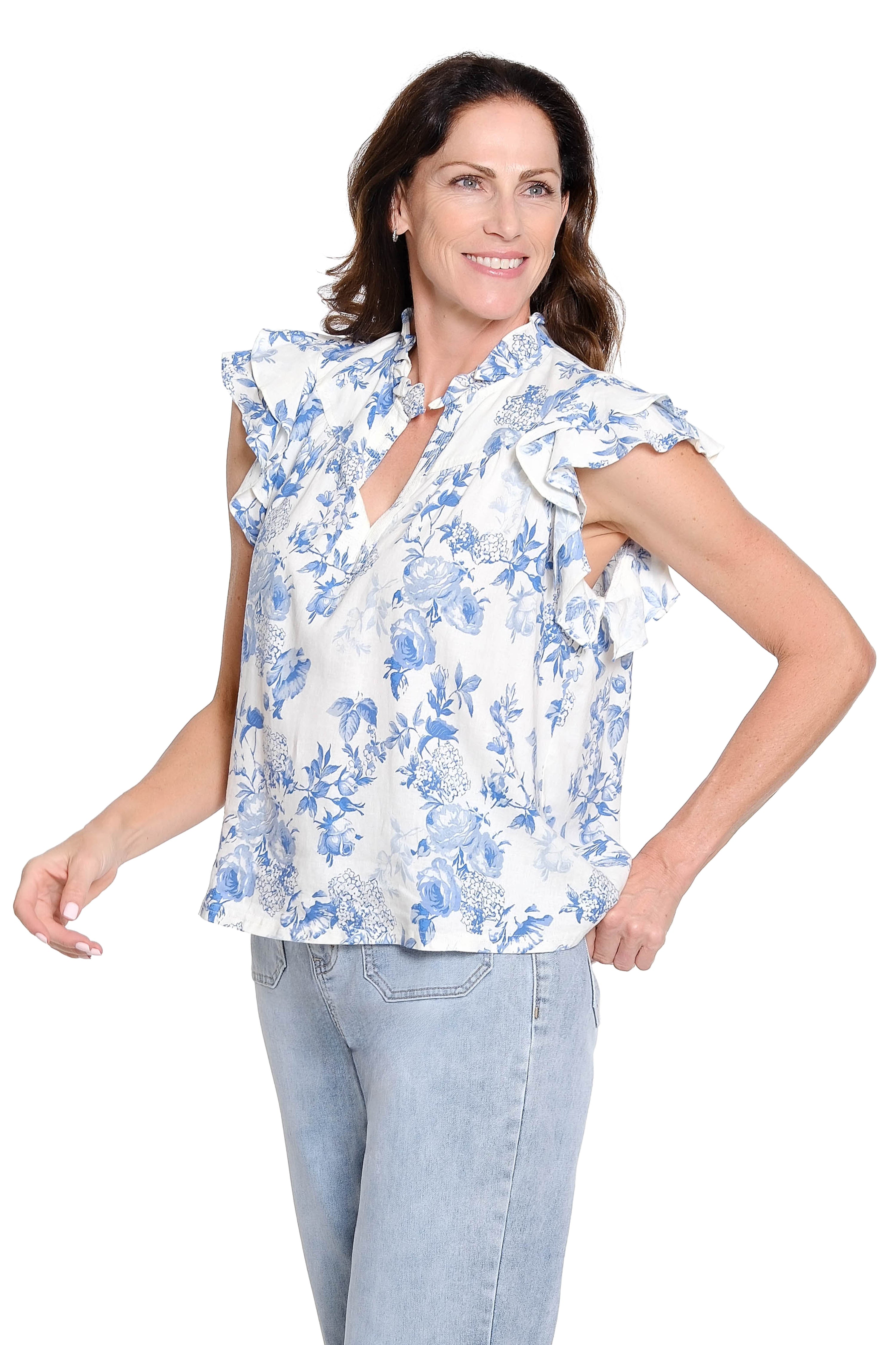 Flutter Sleeve Print Blouse - Blue