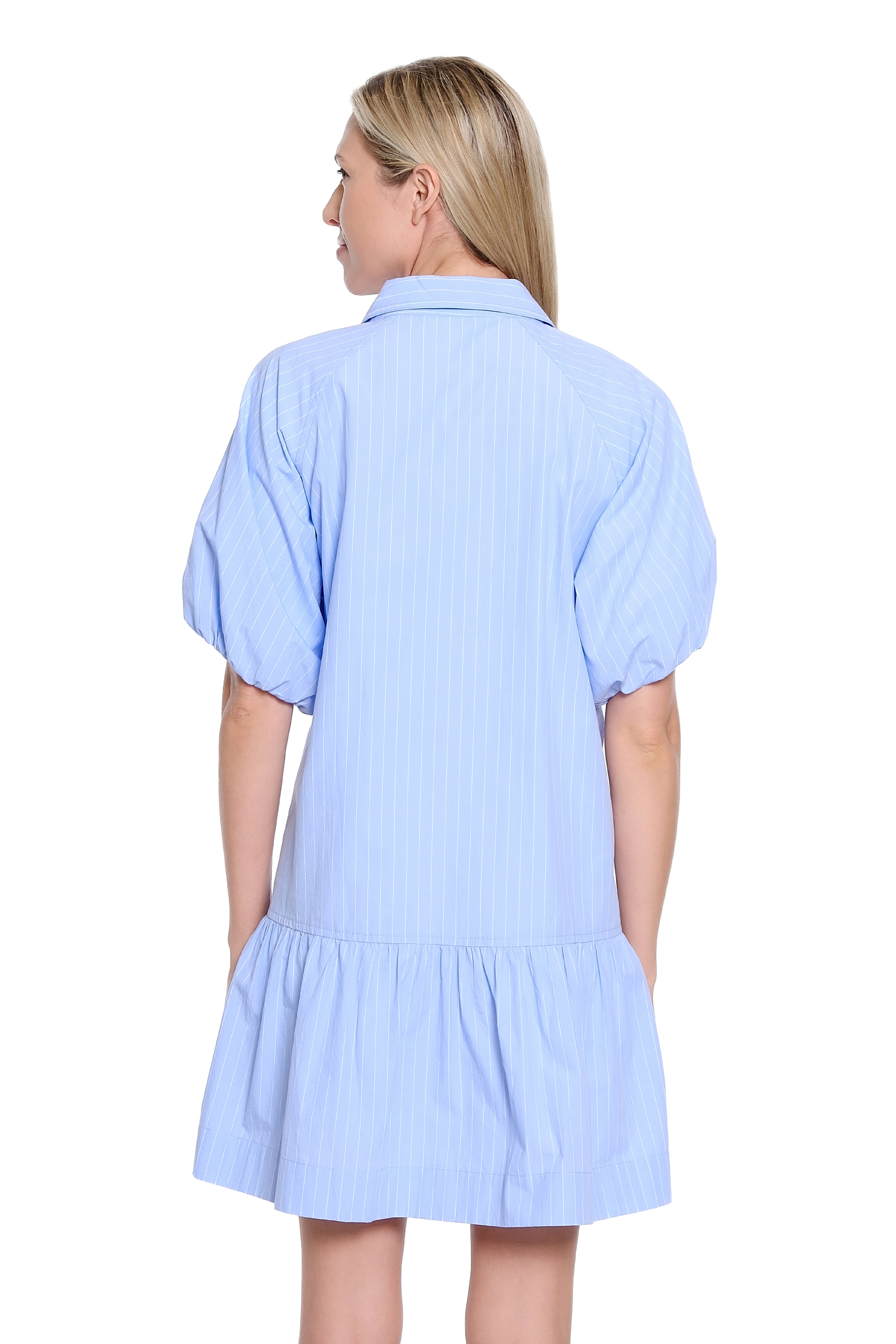 Stripe Button-Front Dress with Balloon Sleeves - Blue Stripe