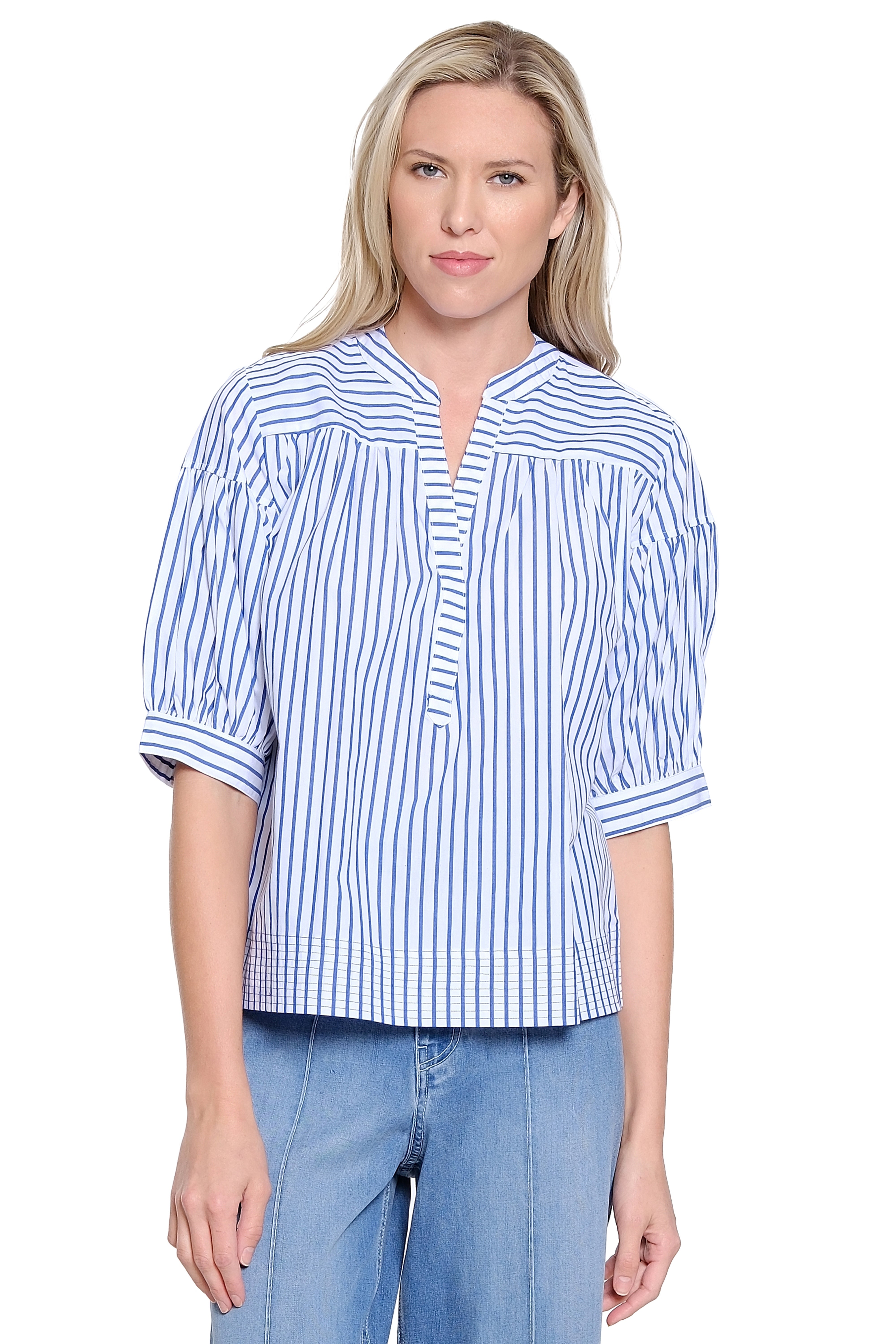 Split Neck Top with Trapunto Stitch Hem - Blue Stripe