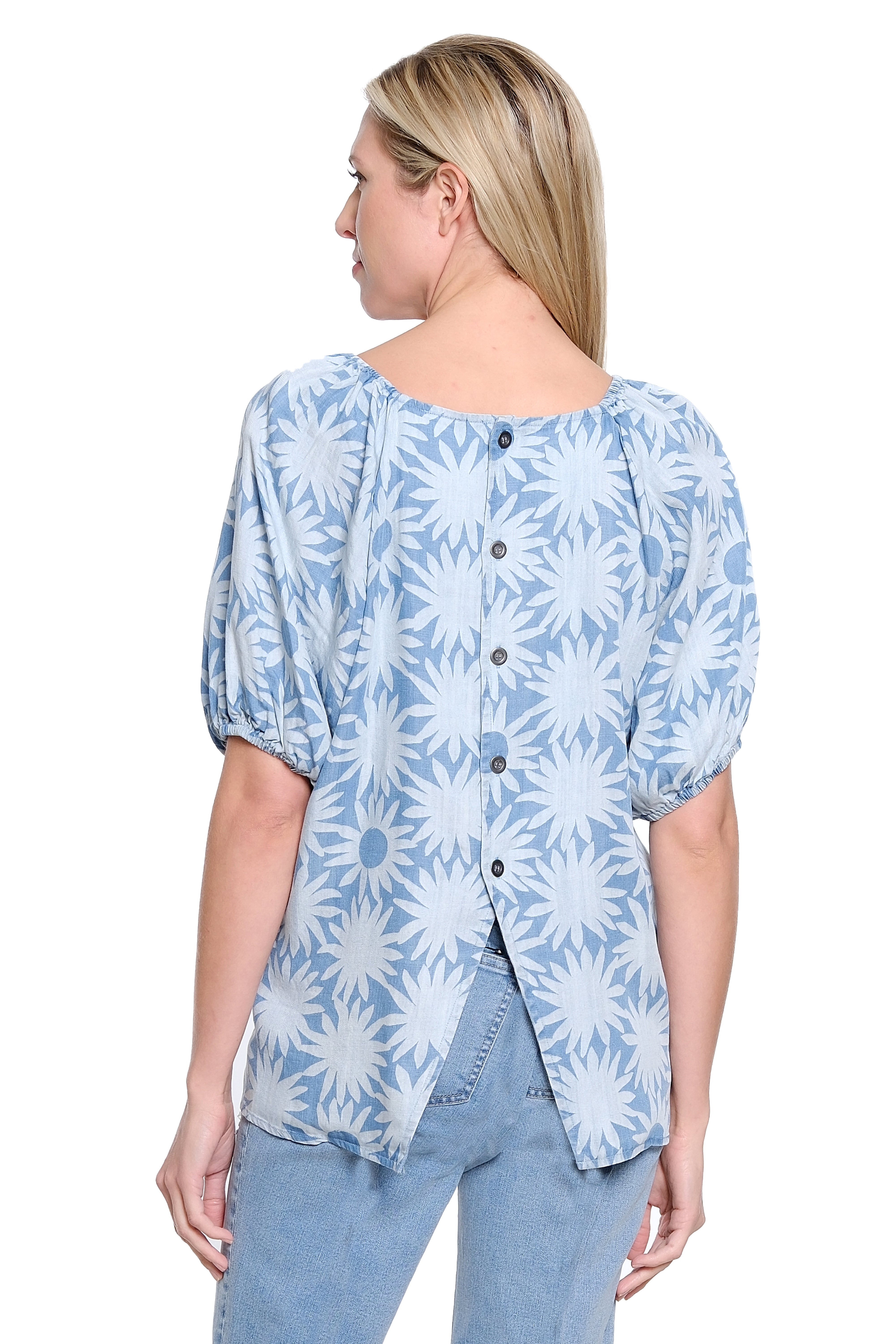 Button-Back Chambray Top - Light Blue