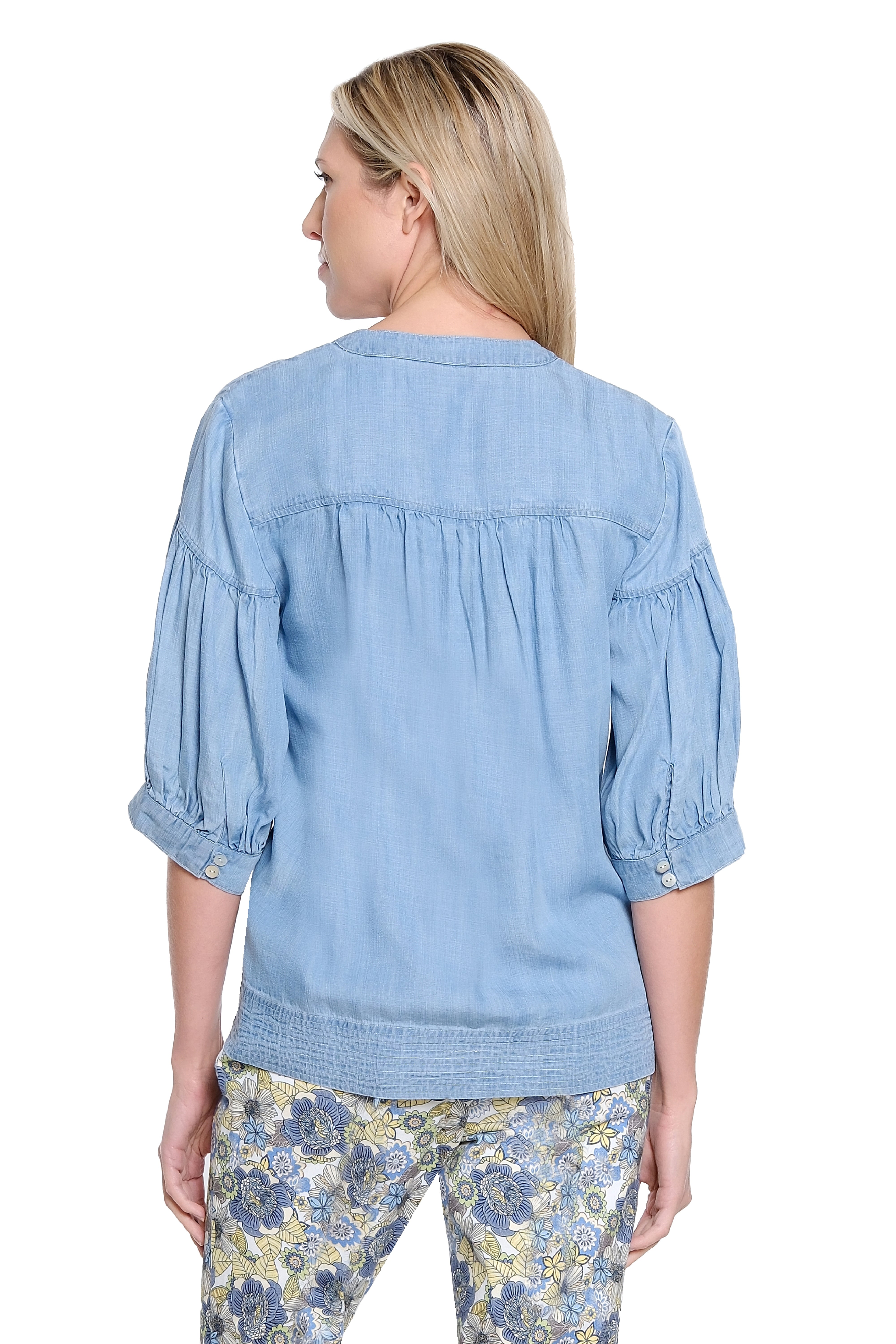 Split-Neck Top with Stitch Hem – Light Blue