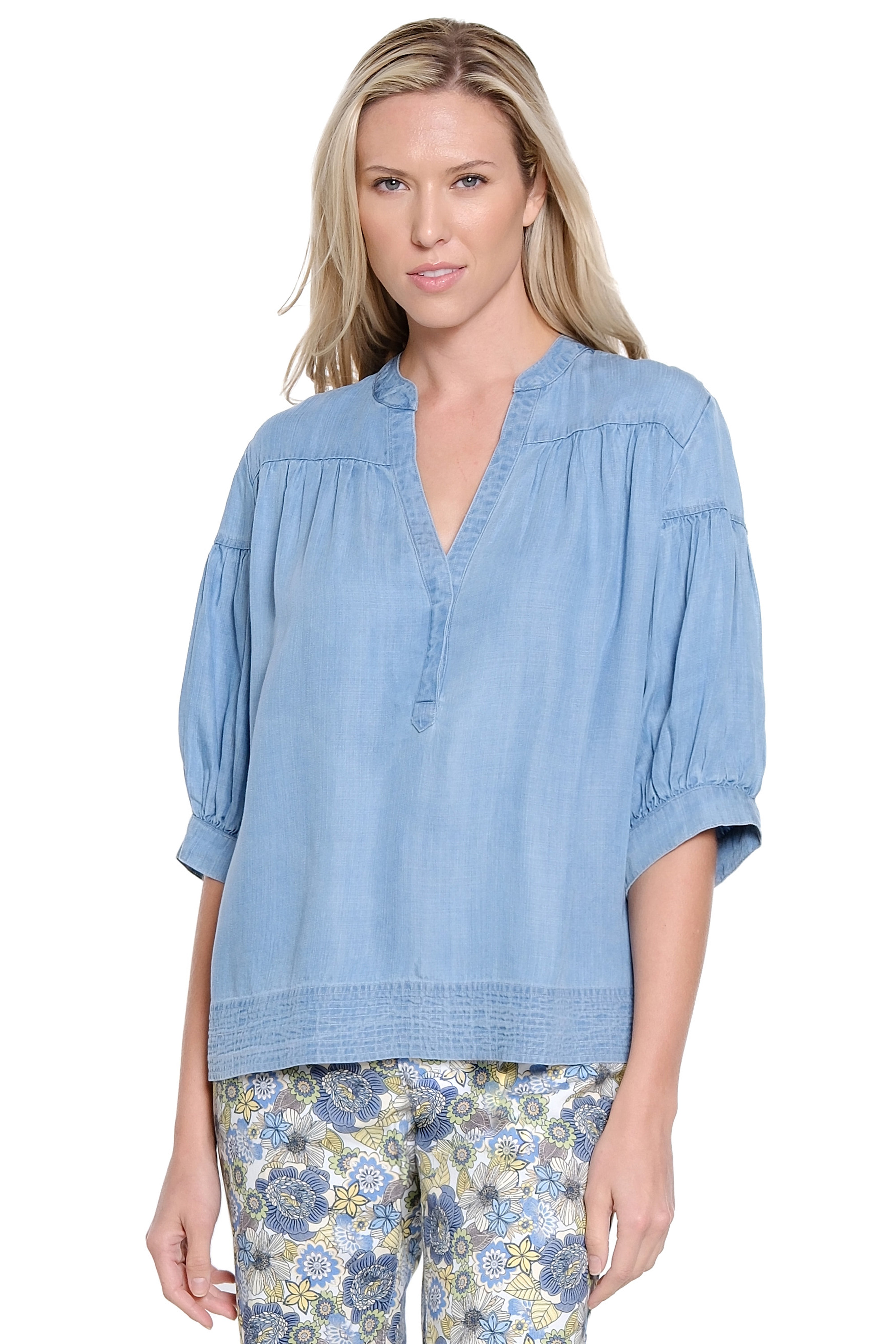 Split-Neck Top with Stitch Hem – Light Blue