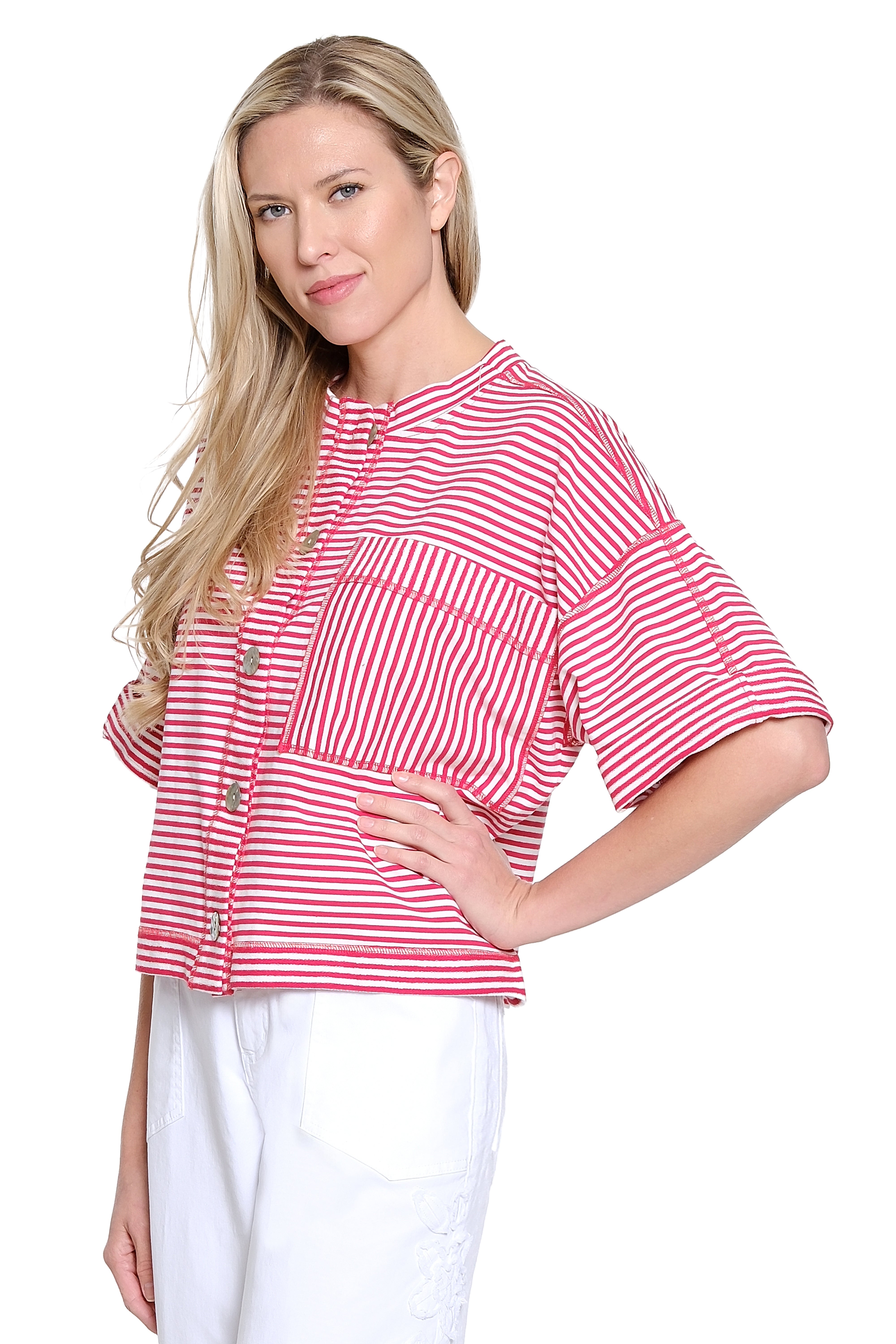 Button Front Knit Top - Red Stripe