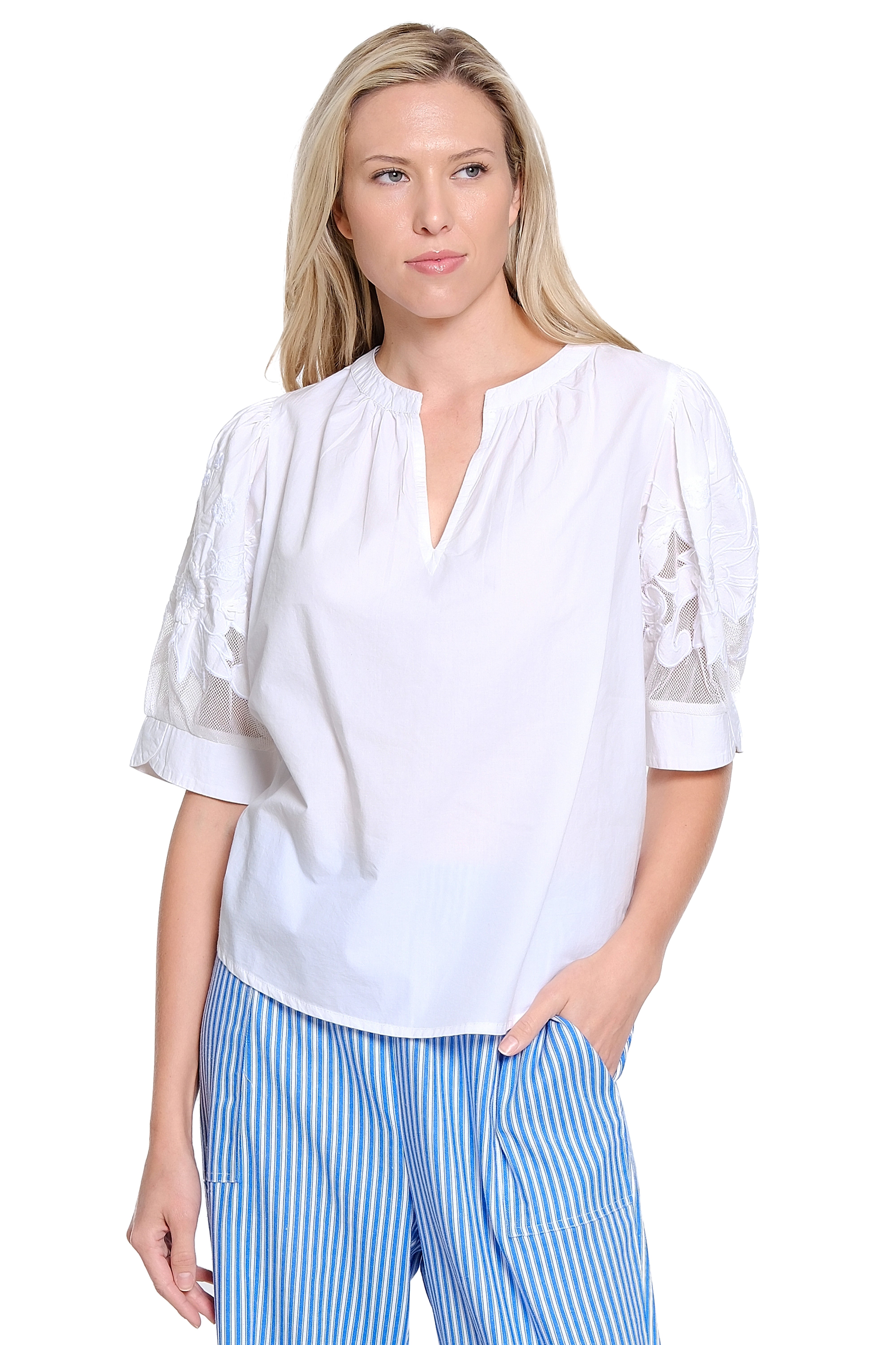 Split-Neck Popover Top - White