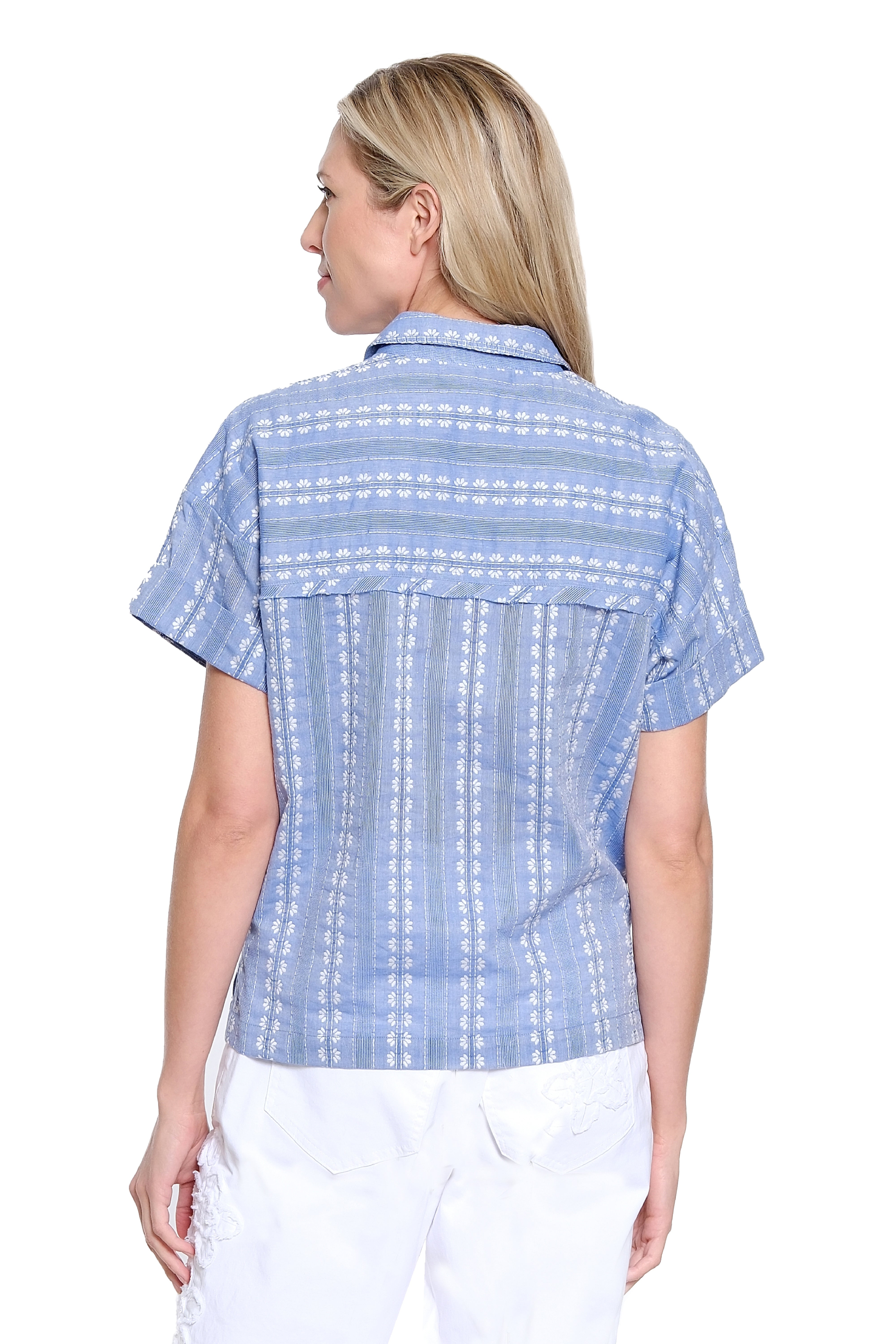 Split-Neck Balloon Sleeve Top - Blue