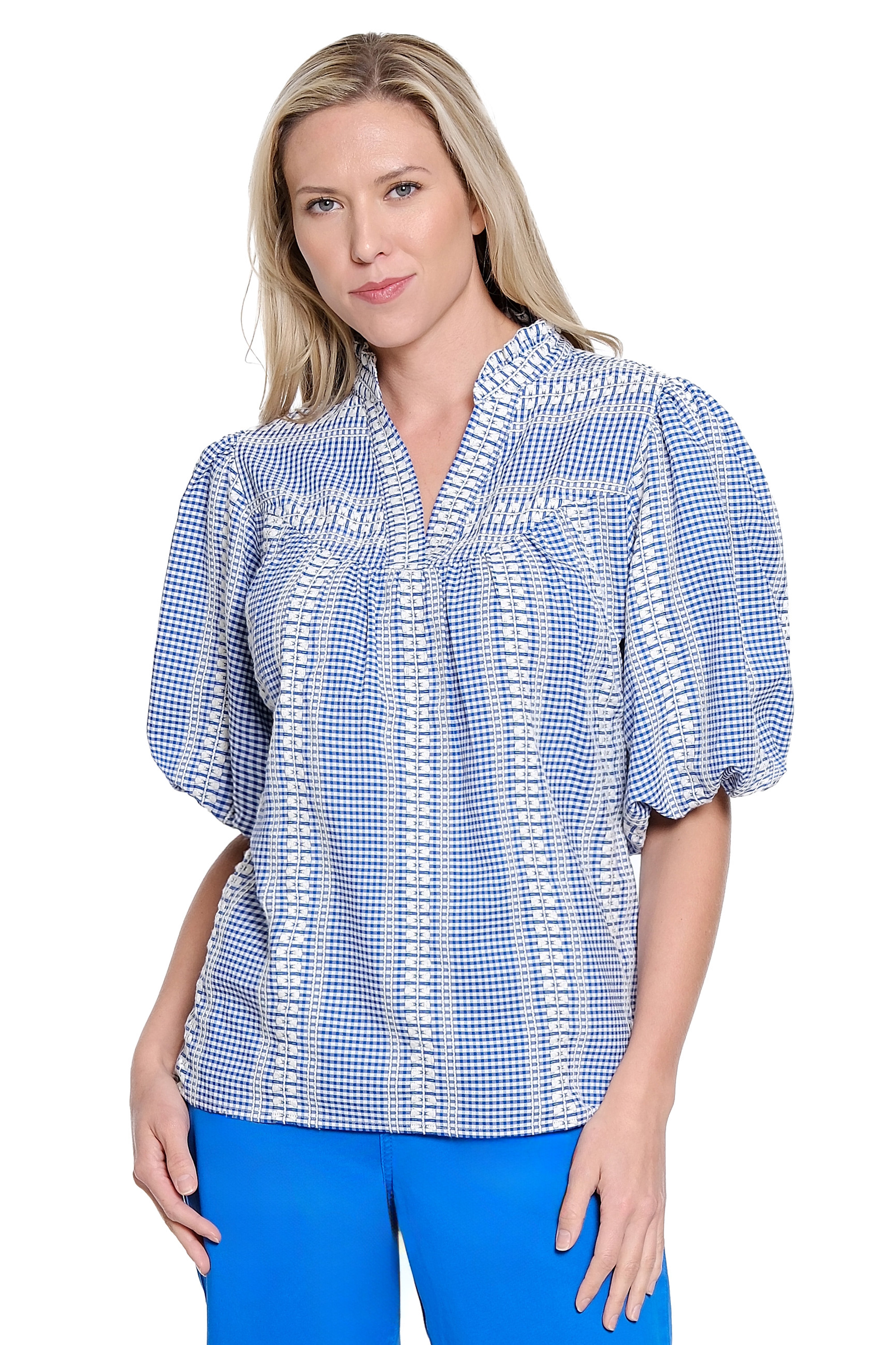 Split-Neck Balloon Sleeve Top - Blue