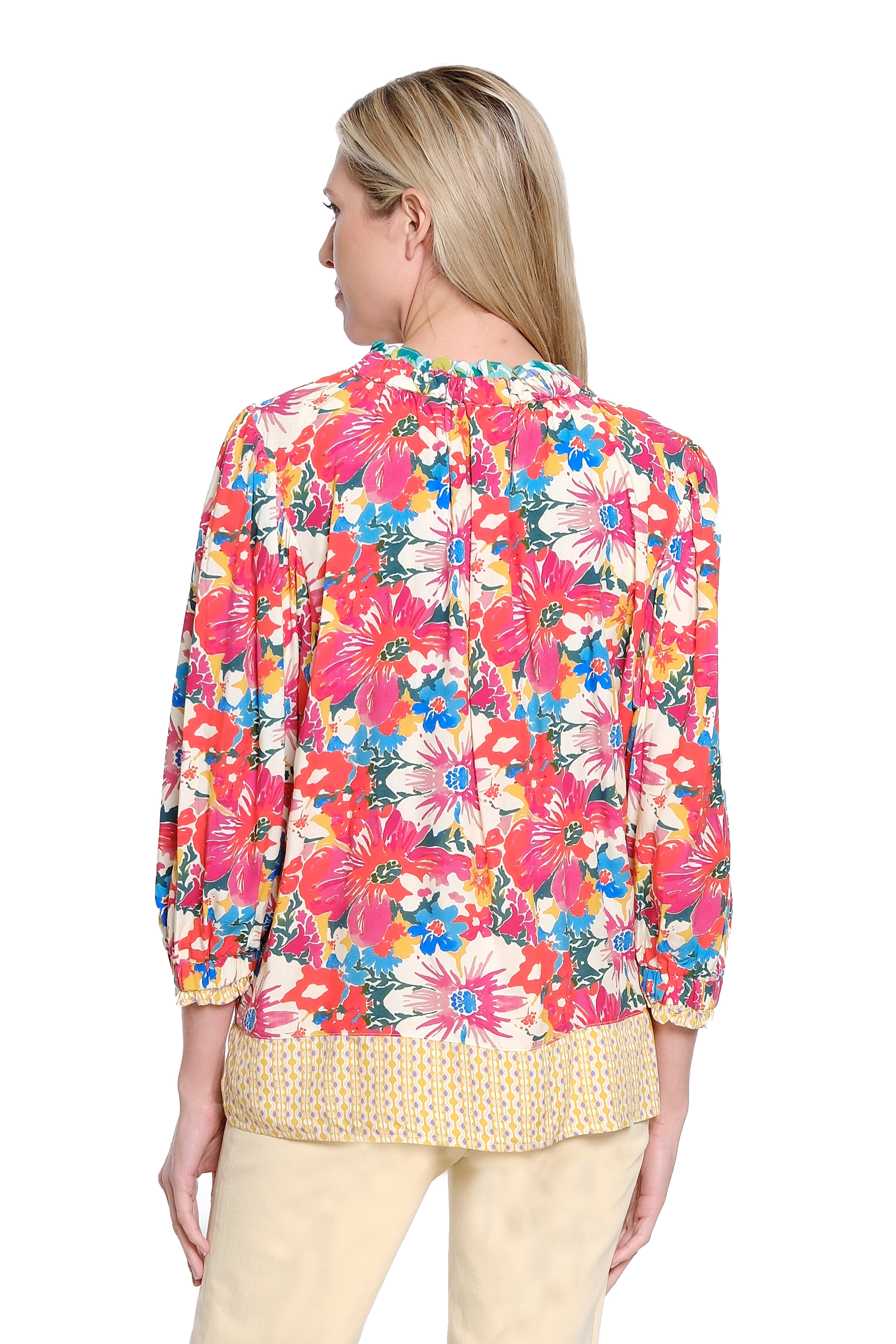Mixed Print Elastic Collar Button Up Top - Multi